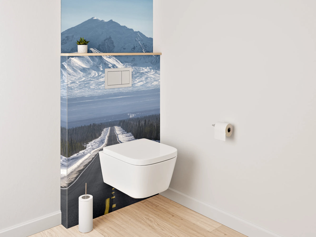 WC-Rückwand - Endlose Straße zu schneebedeckten Bergen