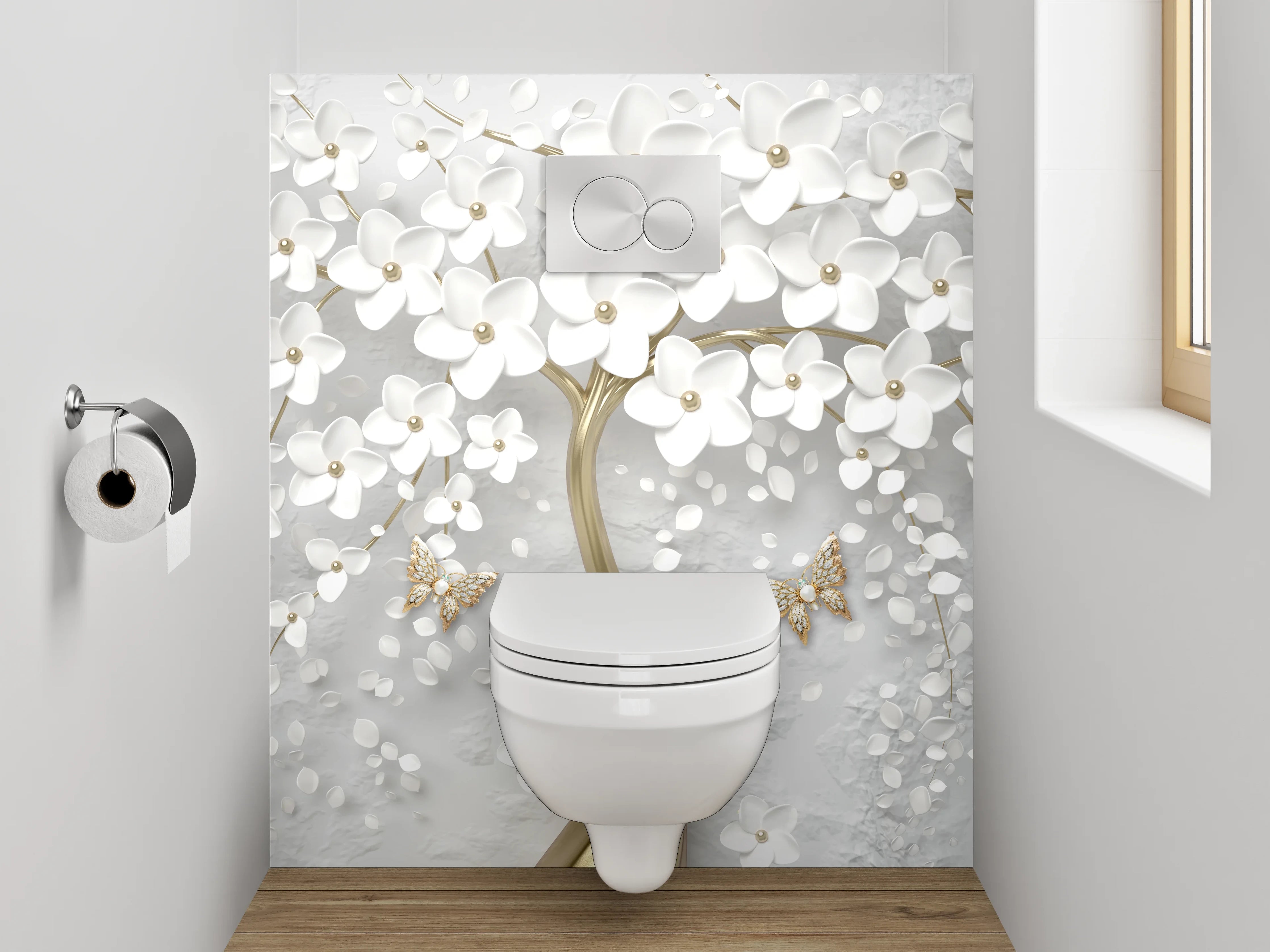 WC-Rückwand - Exklusive weiße Blütenbaum-Kunst mit Gold