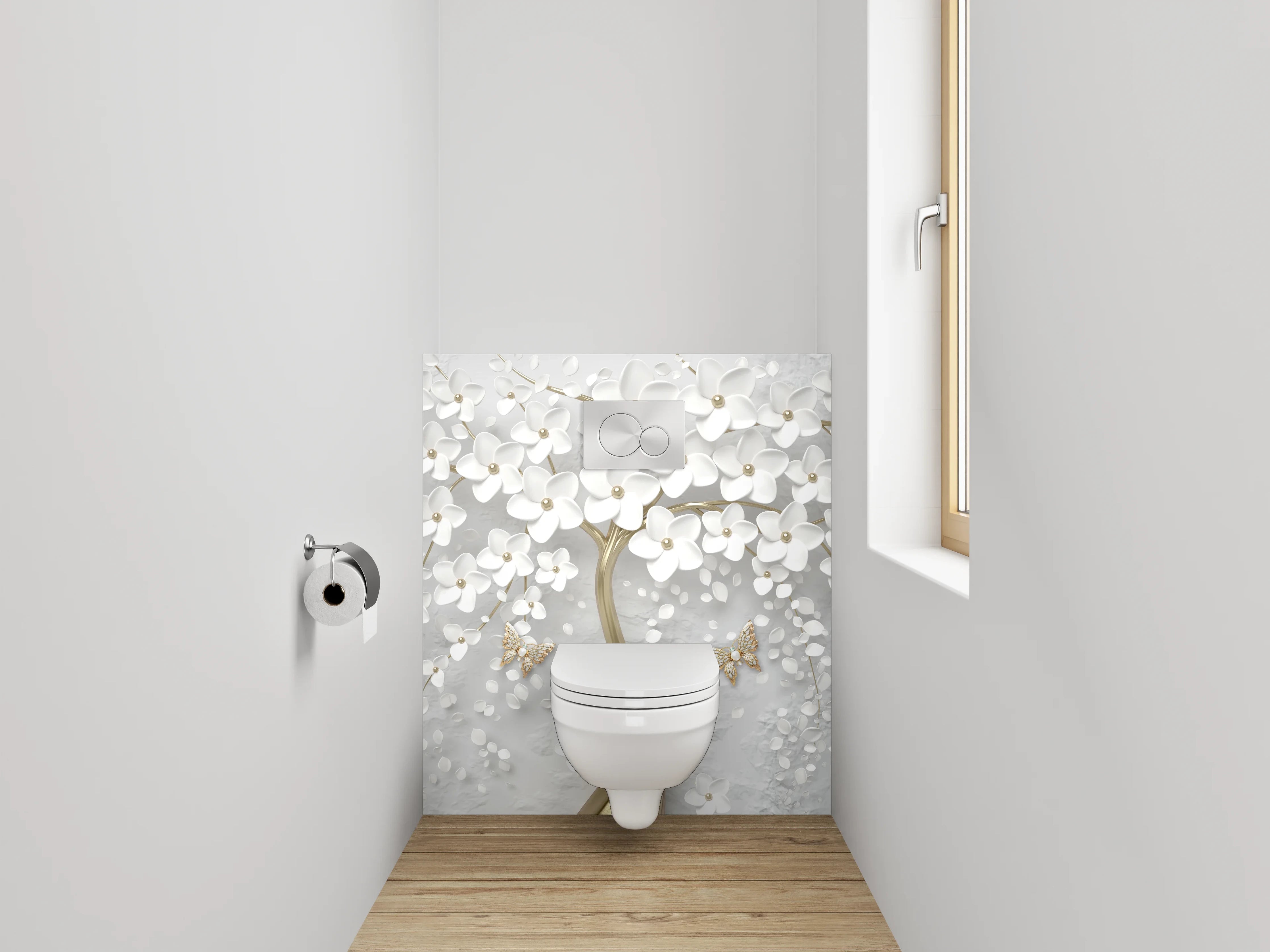 WC-Rückwand - Exklusive weiße Blütenbaum-Kunst mit Gold