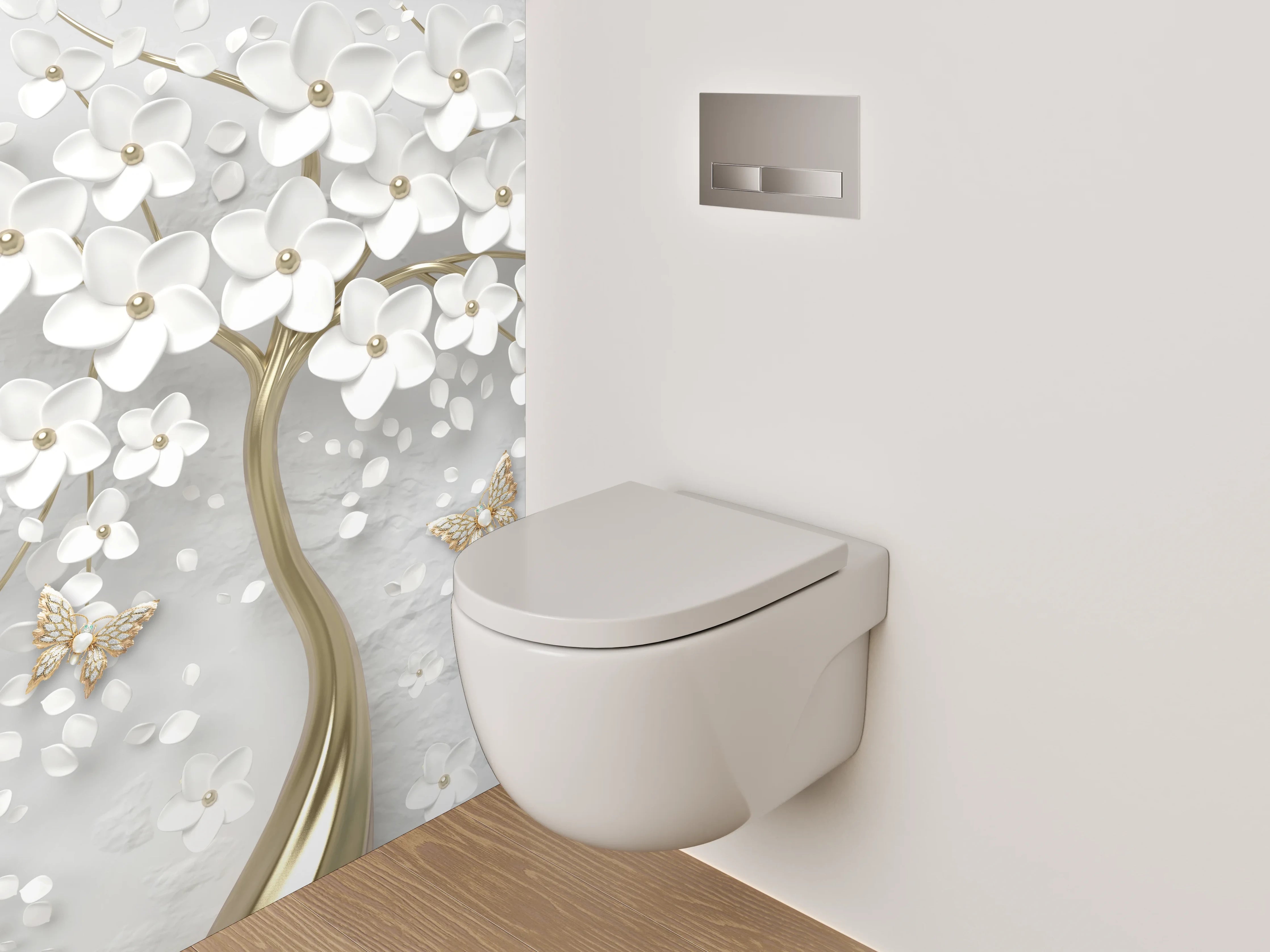 WC-Rückwand - Exklusive weiße Blütenbaum-Kunst mit Gold