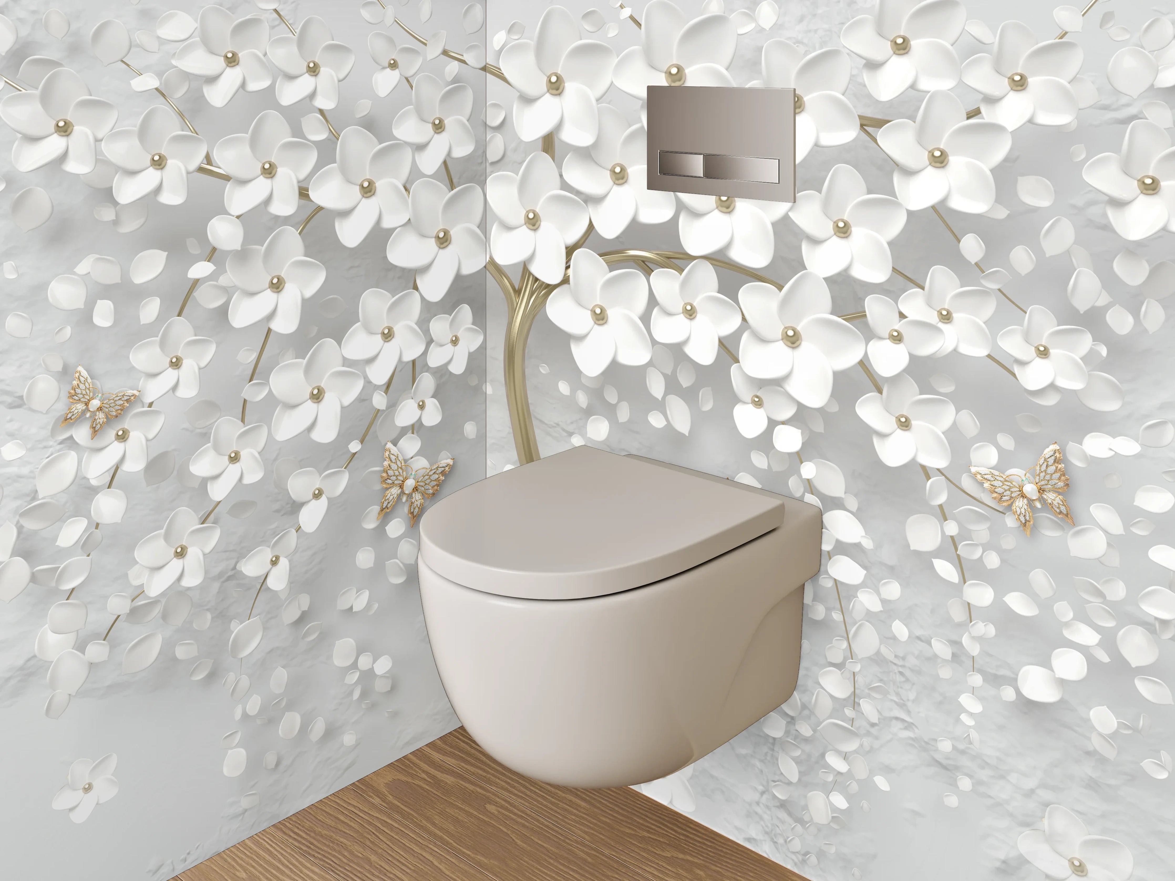 WC-Rückwand - Exklusive weiße Blütenbaum-Kunst mit Gold