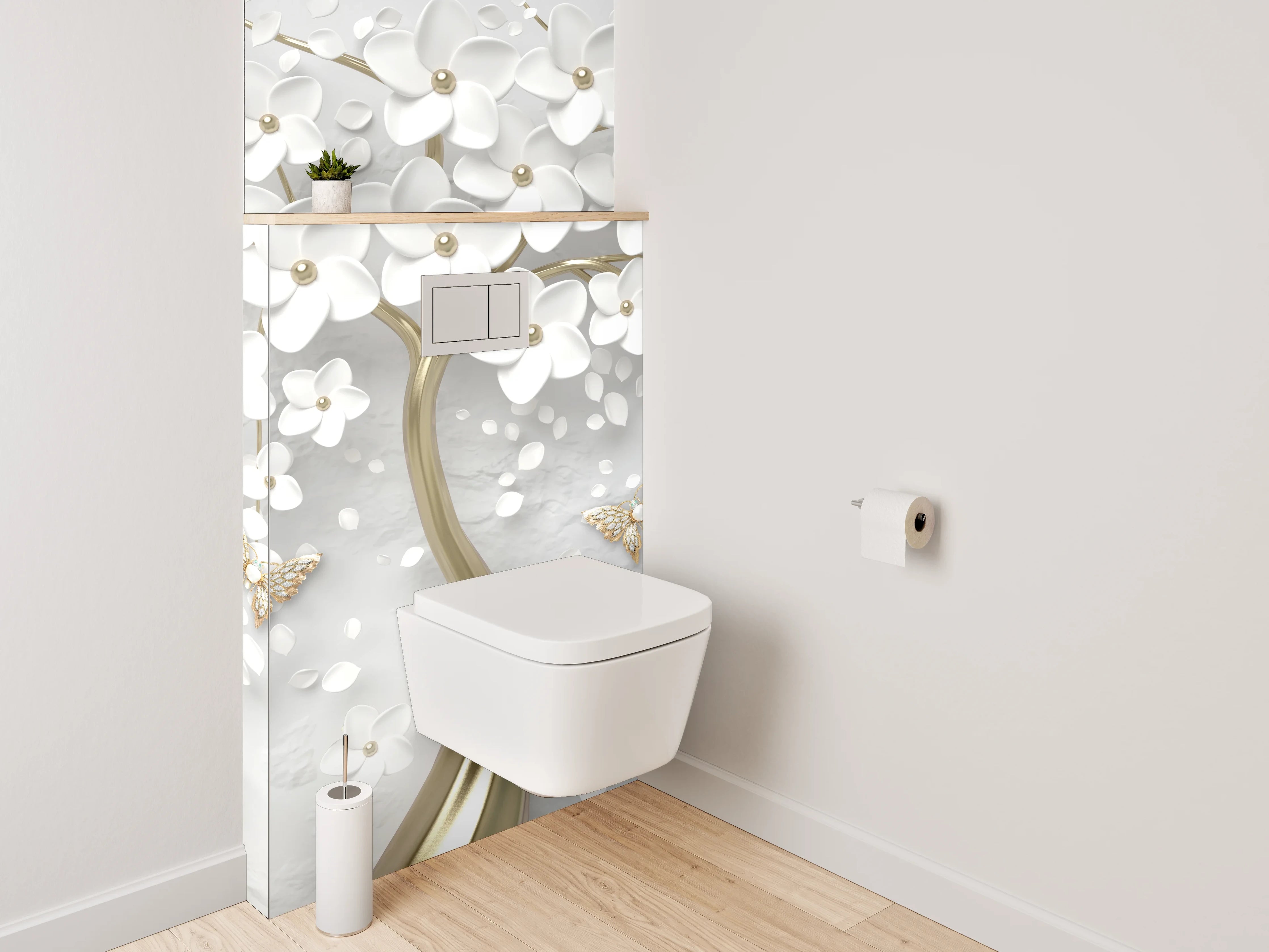 WC-Rückwand - Exklusive weiße Blütenbaum-Kunst mit Gold