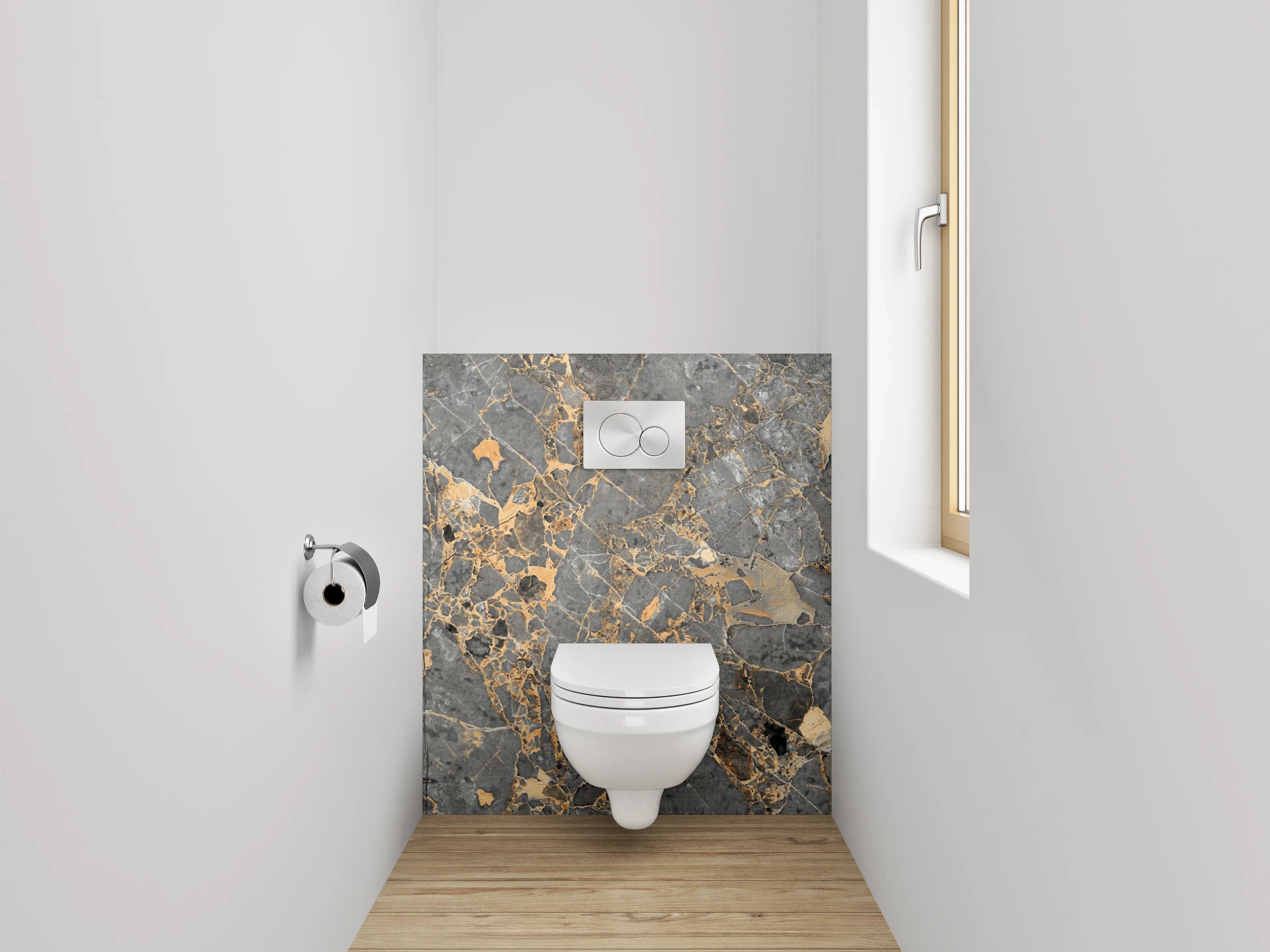 WC-Rückwand - Exklusiver grauer Marmor mit goldenen Adern