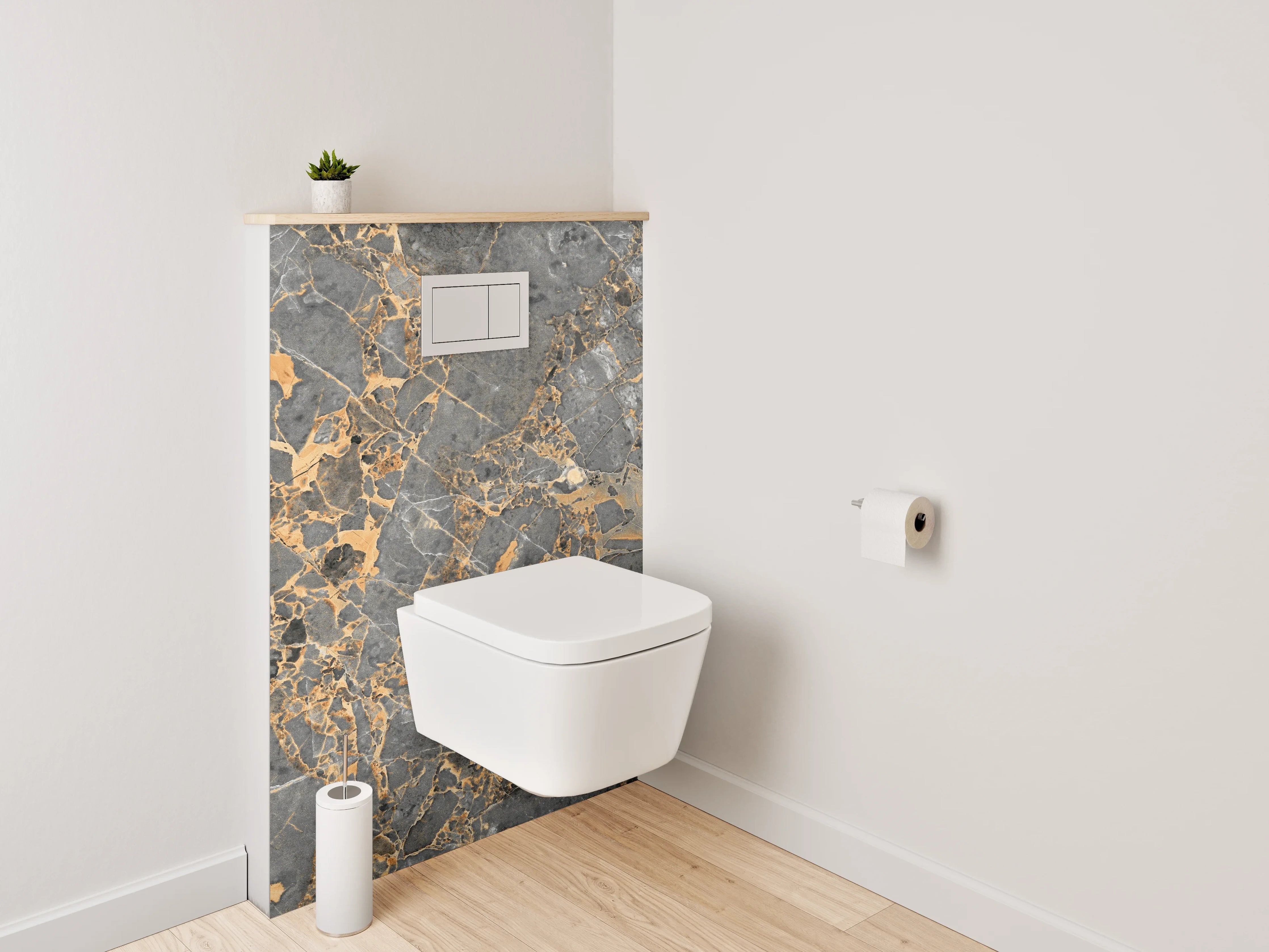 WC-Rückwand - Exklusiver grauer Marmor mit goldenen Adern