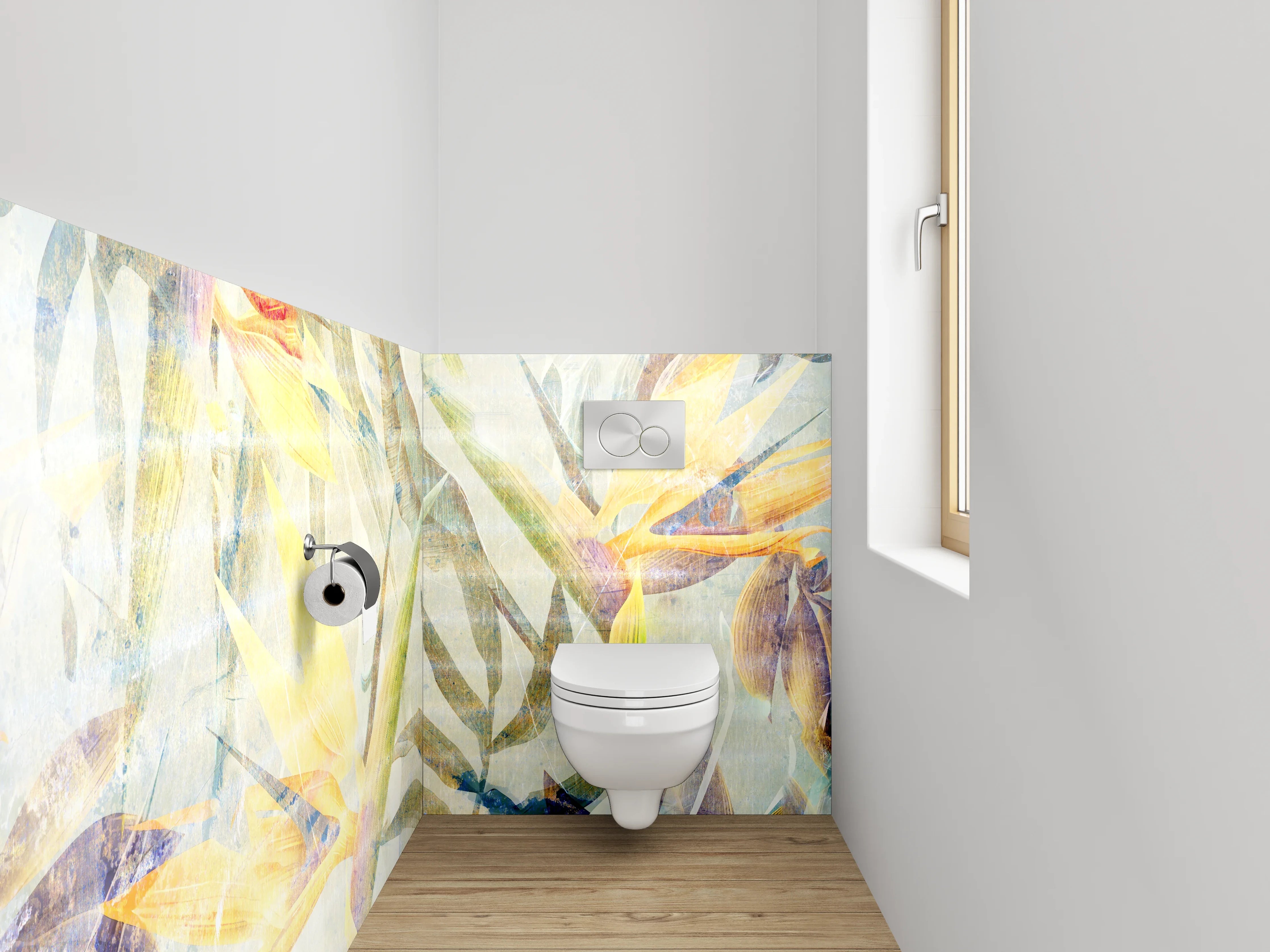 WC-Rückwand - Exotische Aquarell-Blumen auf hellem Grund