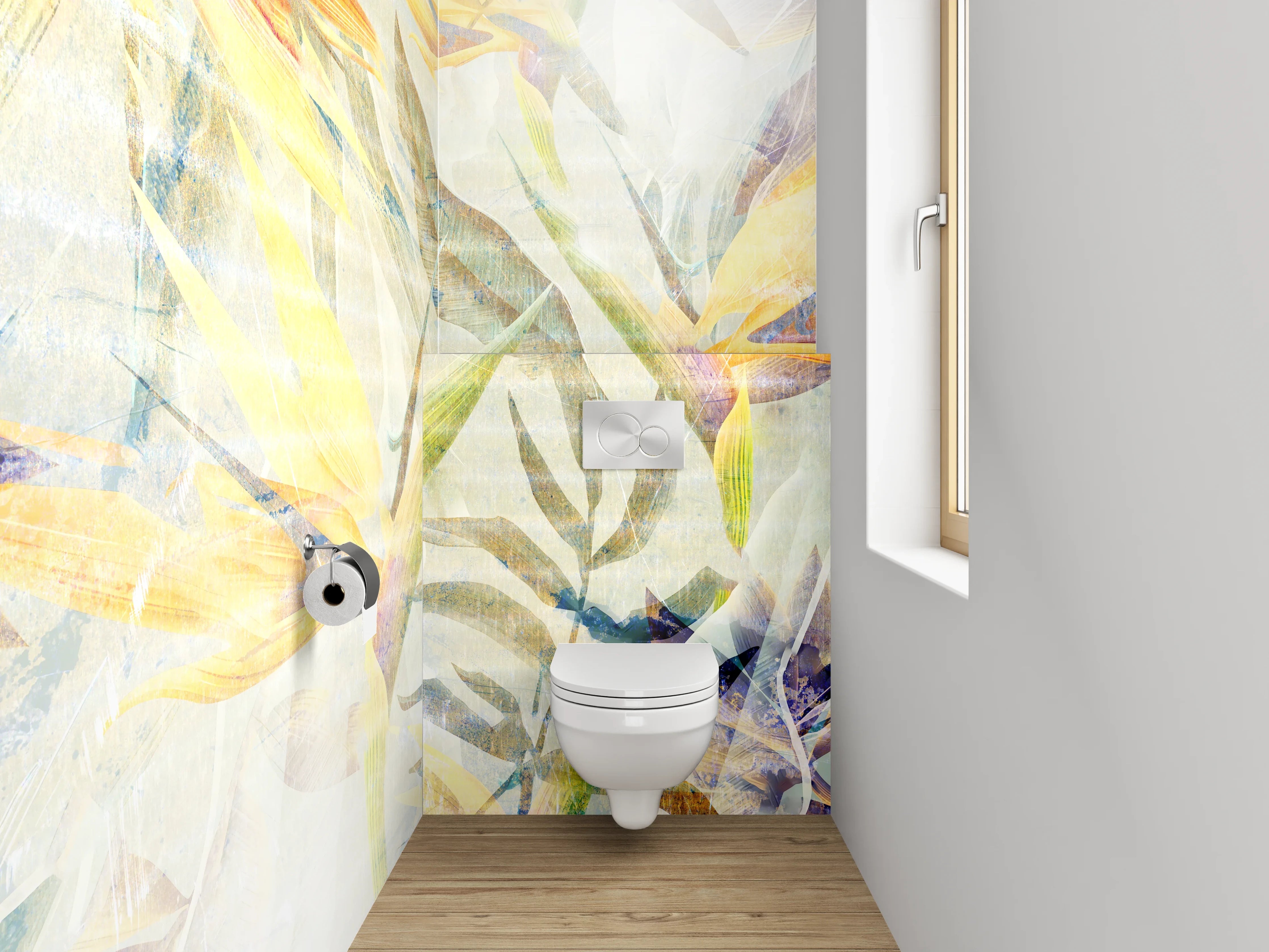 WC-Rückwand - Exotische Aquarell-Blumen auf hellem Grund