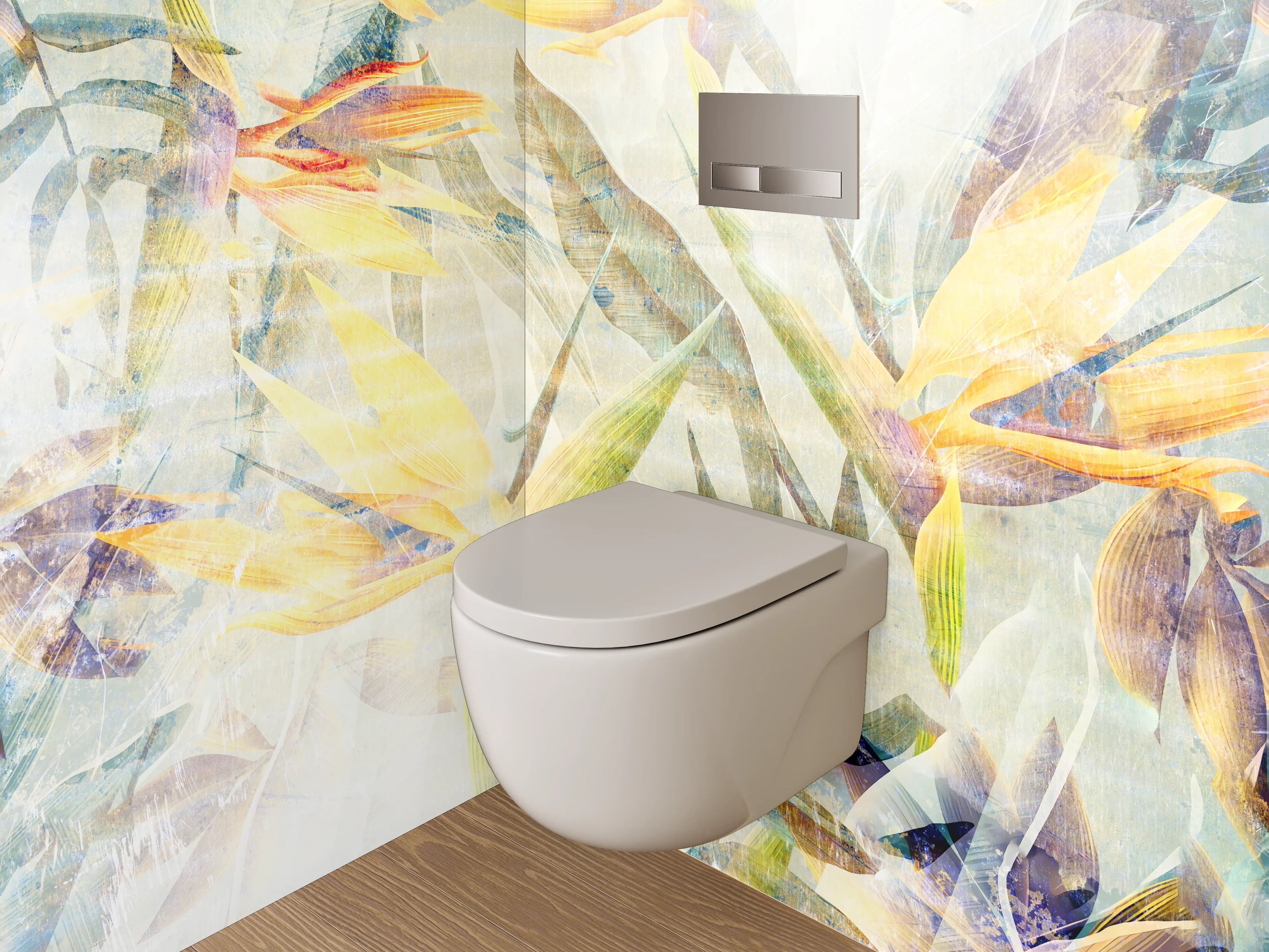 WC-Rückwand - Exotische Aquarell-Blumen auf hellem Grund