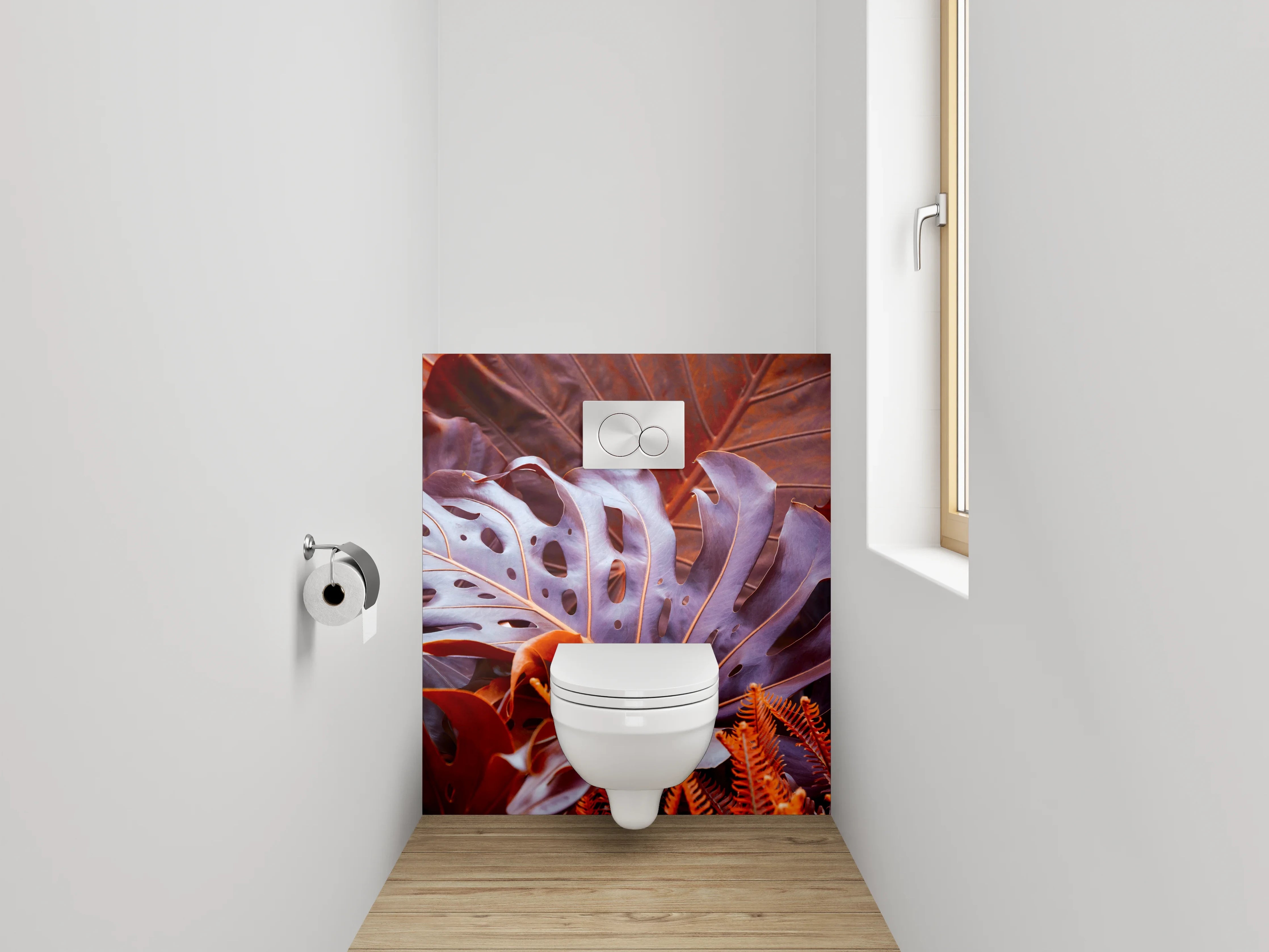 WC-Rückwand - Exotische Blätter in Rot-Orange