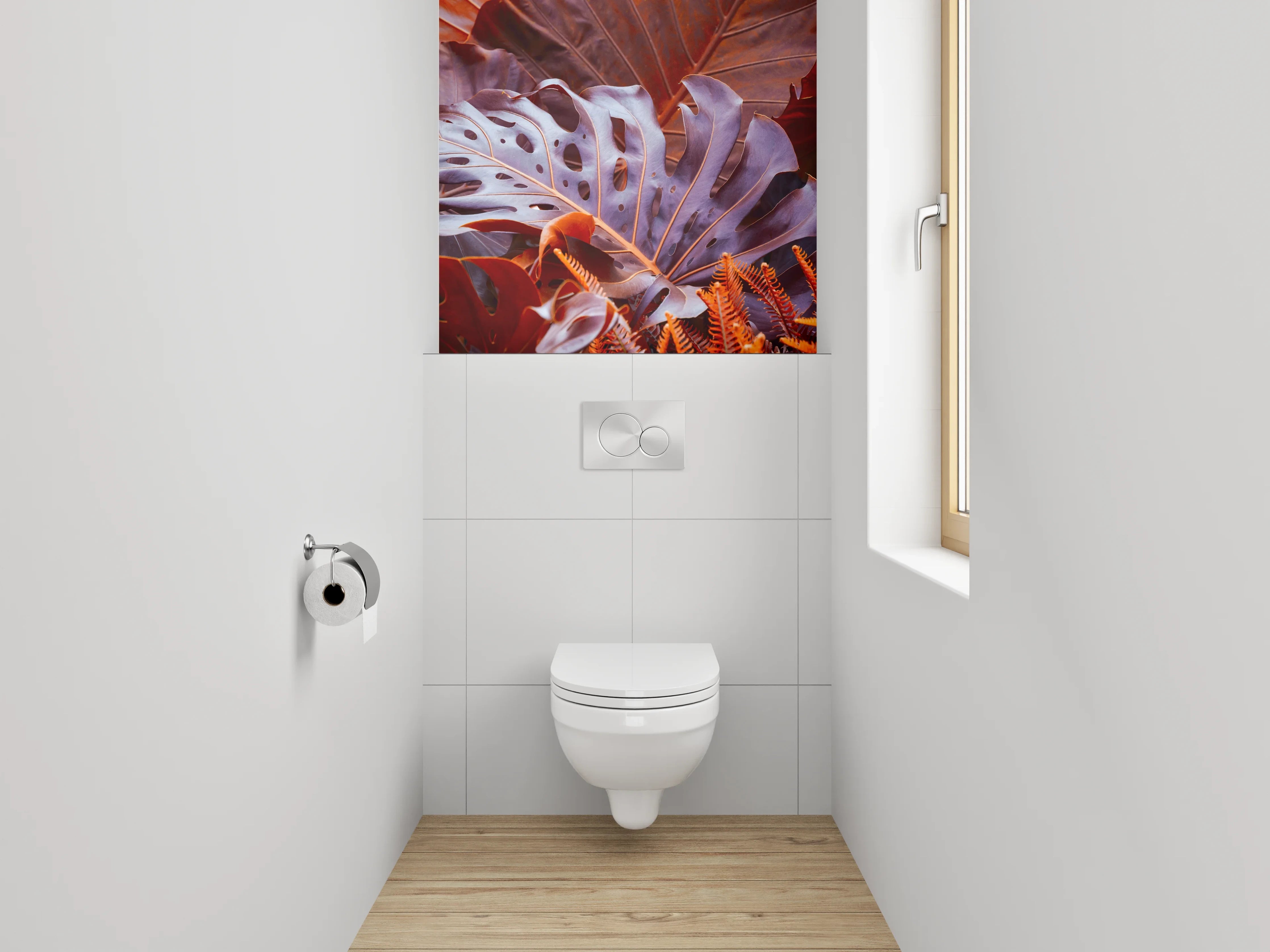 WC-Rückwand - Exotische Blätter in Rot-Orange