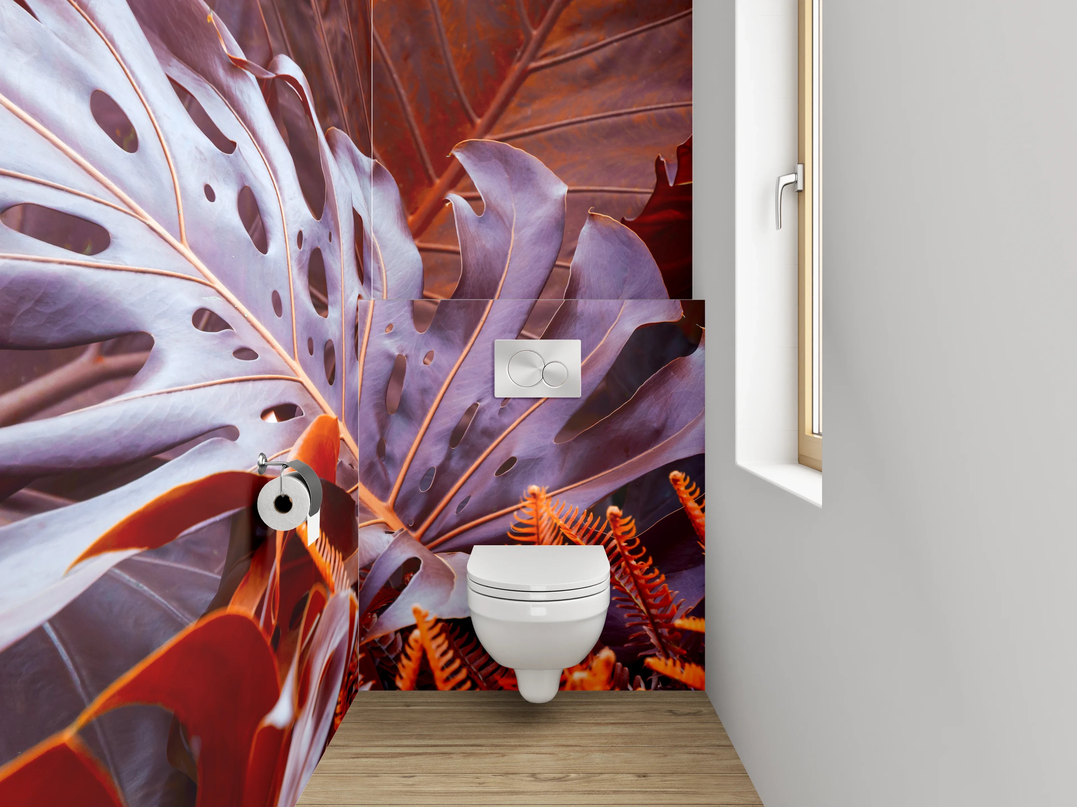 WC-Rückwand - Exotische Blätter in Rot-Orange