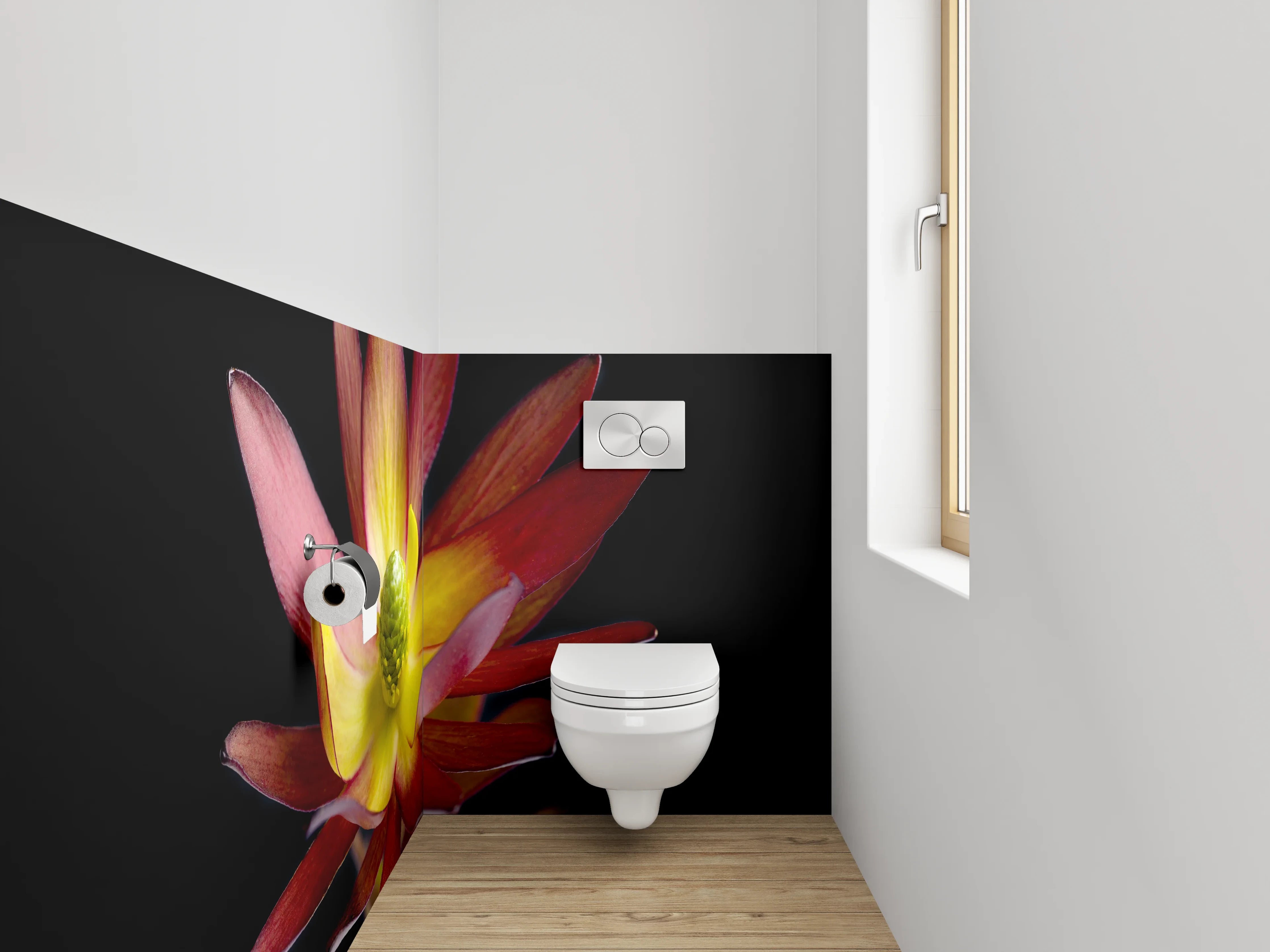 WC-Rückwand - Exotische Blüte auf schwarzem Hintergrund