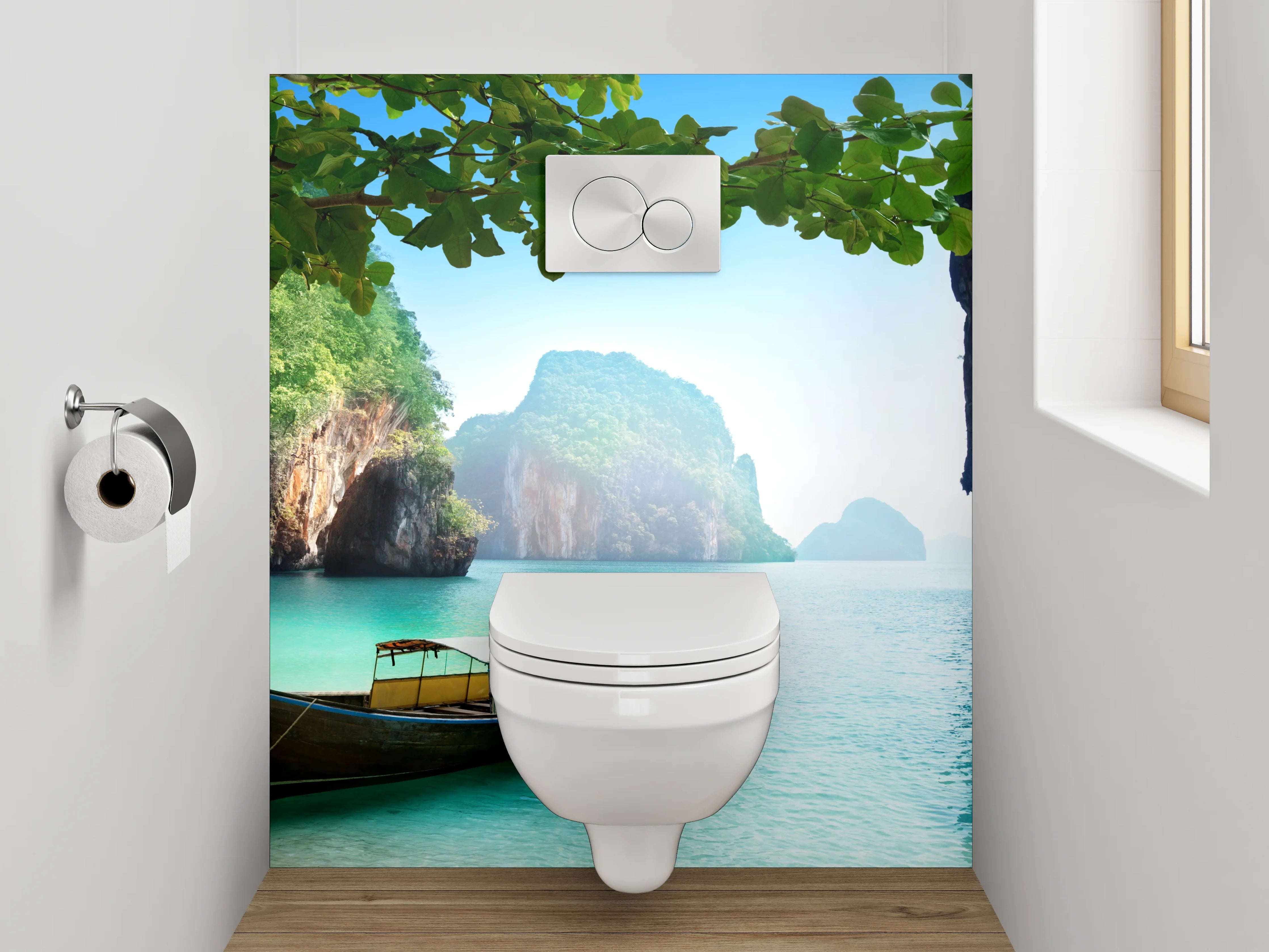WC-Rückwand - Exotische Bucht mit traditionellem Boot