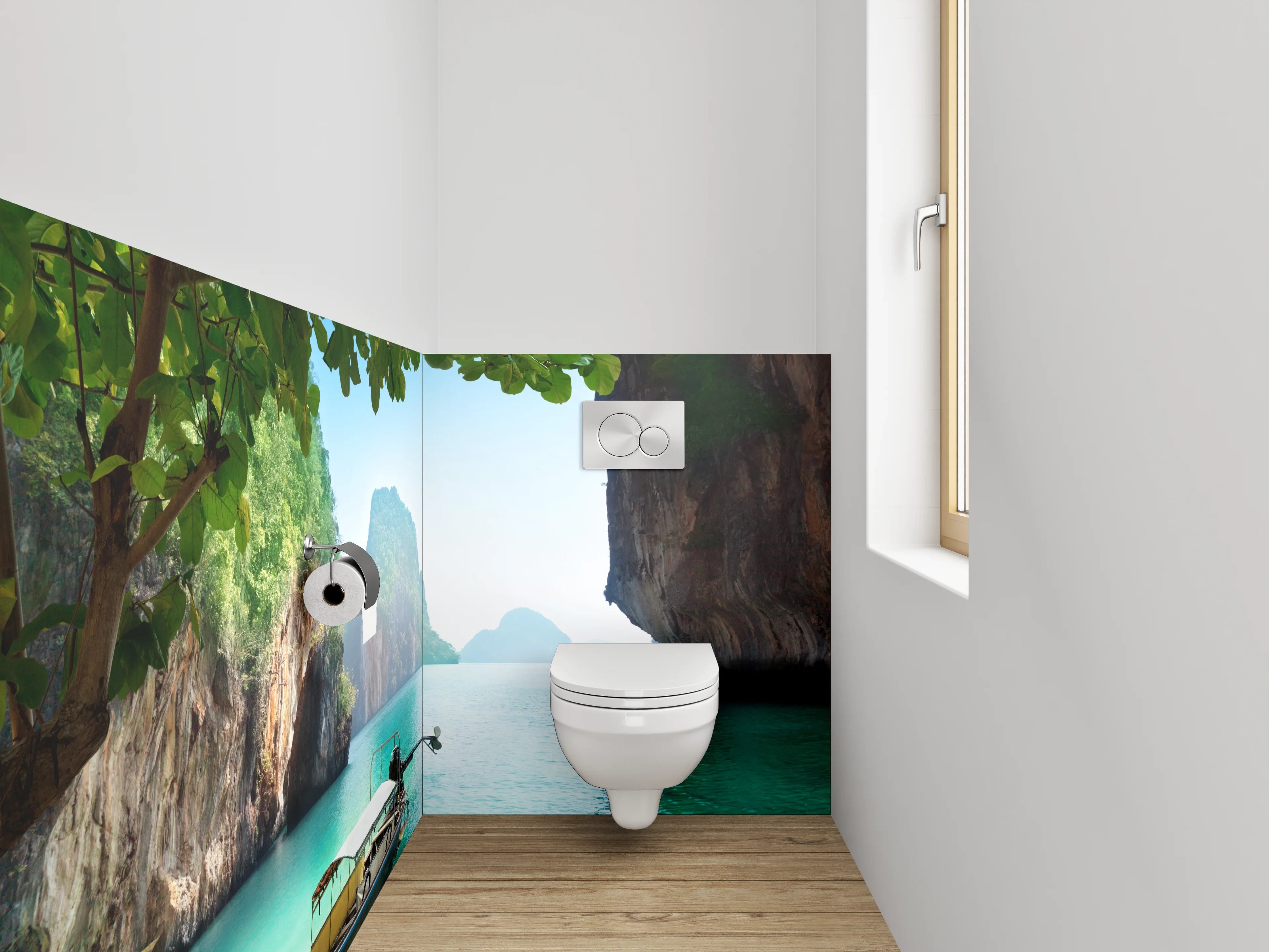 WC-Rückwand - Exotische Bucht mit traditionellem Boot