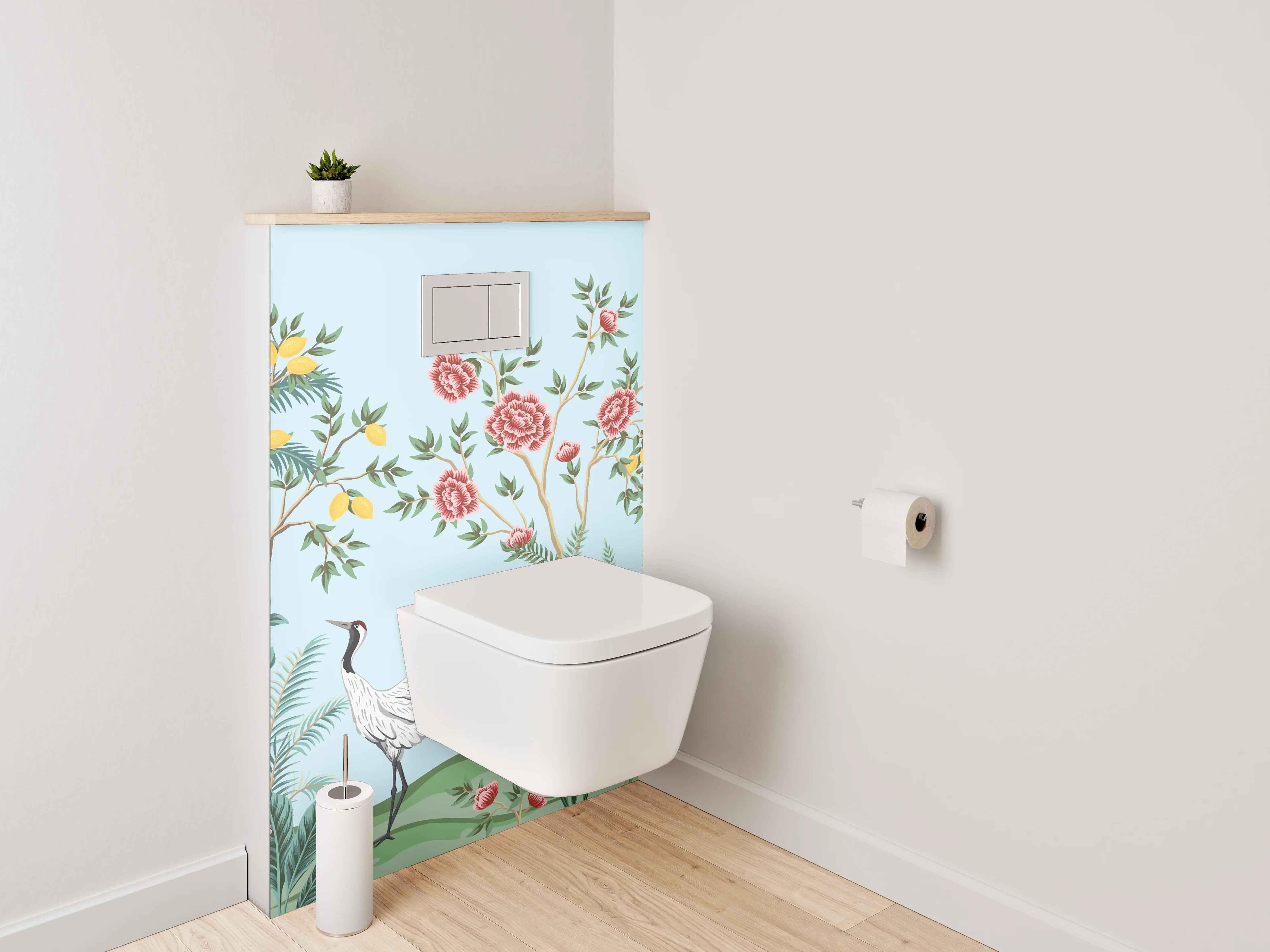 WC-Rückwand - Exotische Kraniche & Blüten Design