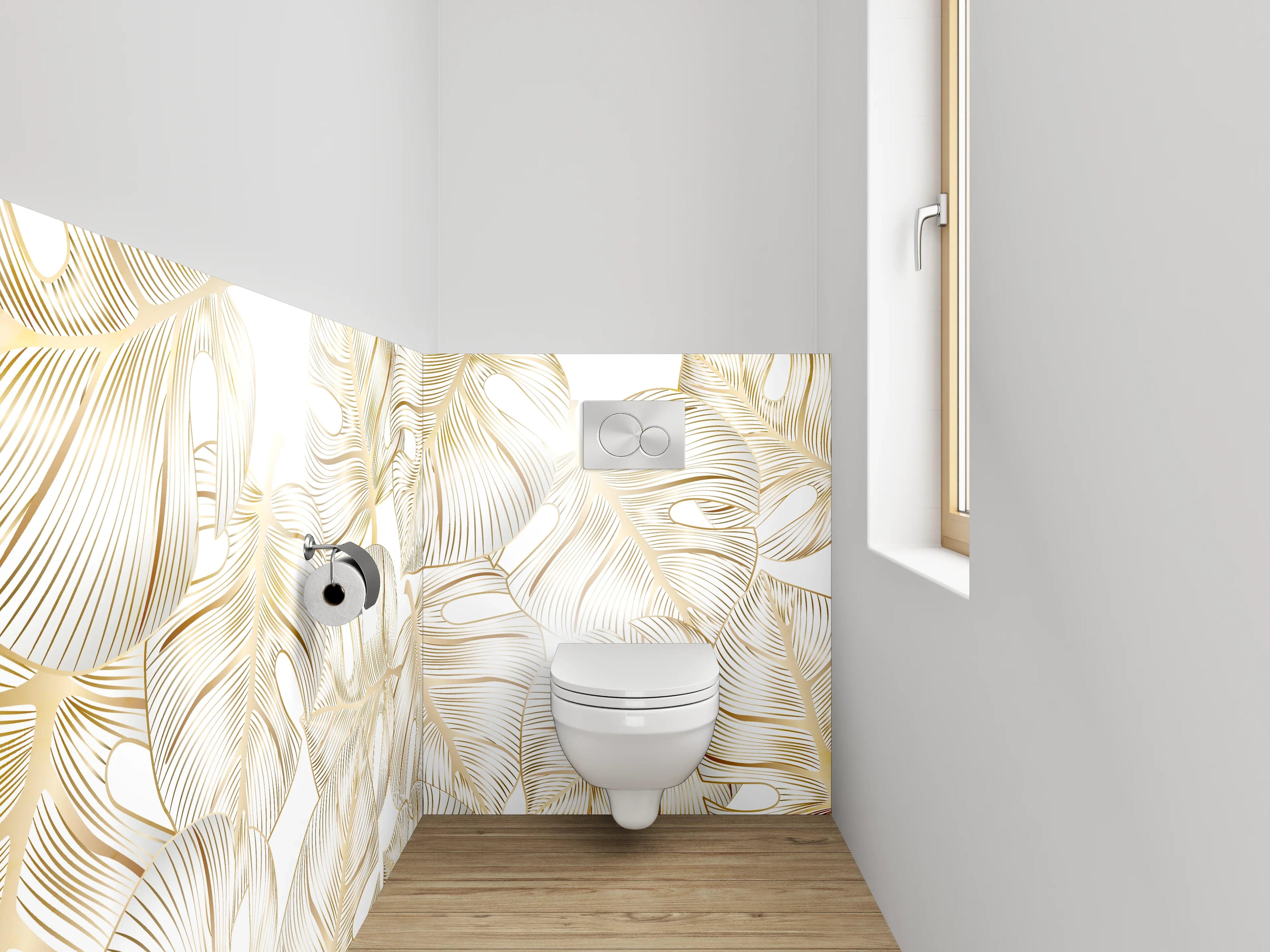 WC-Rückwand - Exotische goldene Monstera Lineart