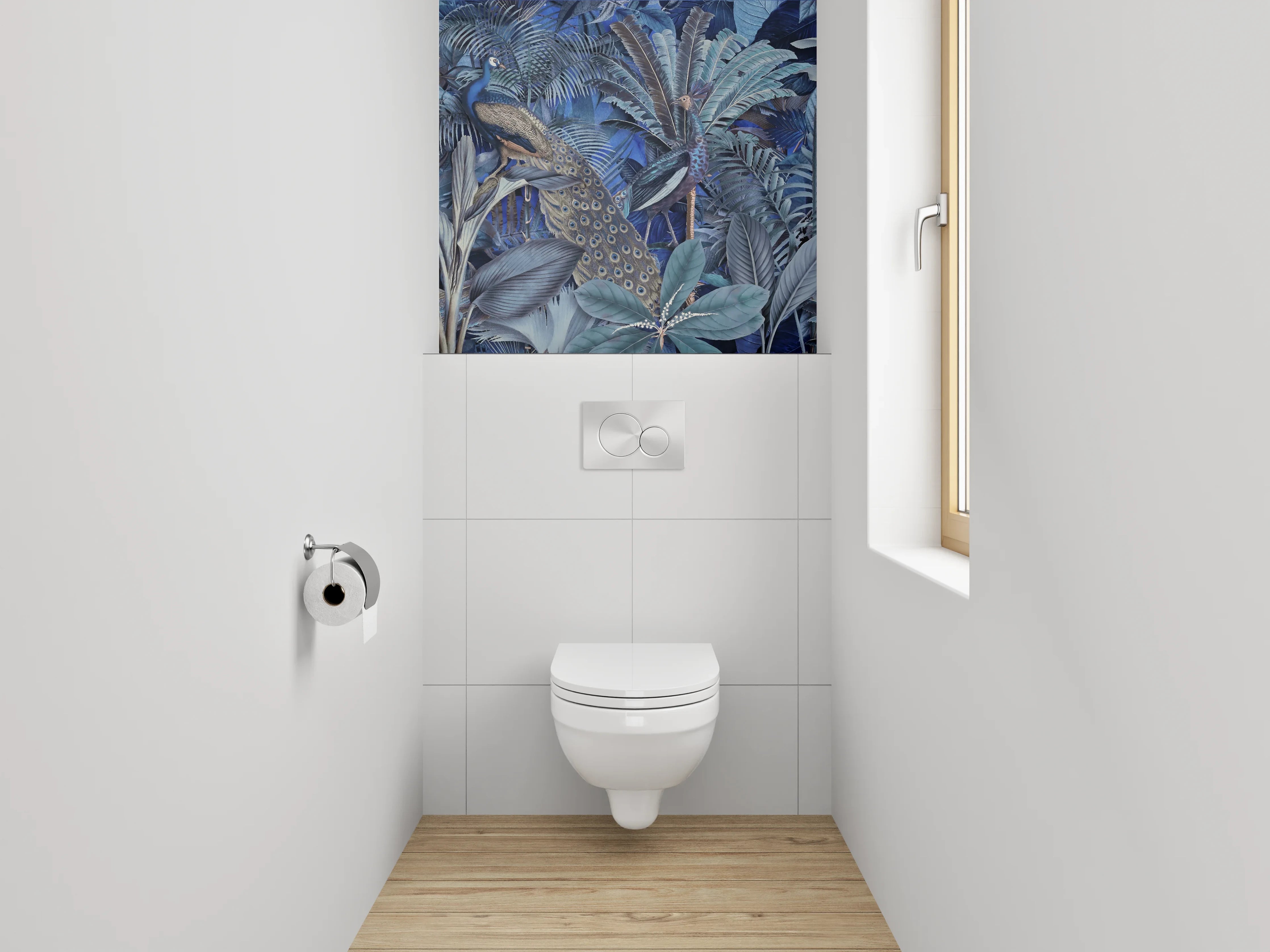 WC-Rückwand - Exotischer Dschungel mit Pfau Blaugrün