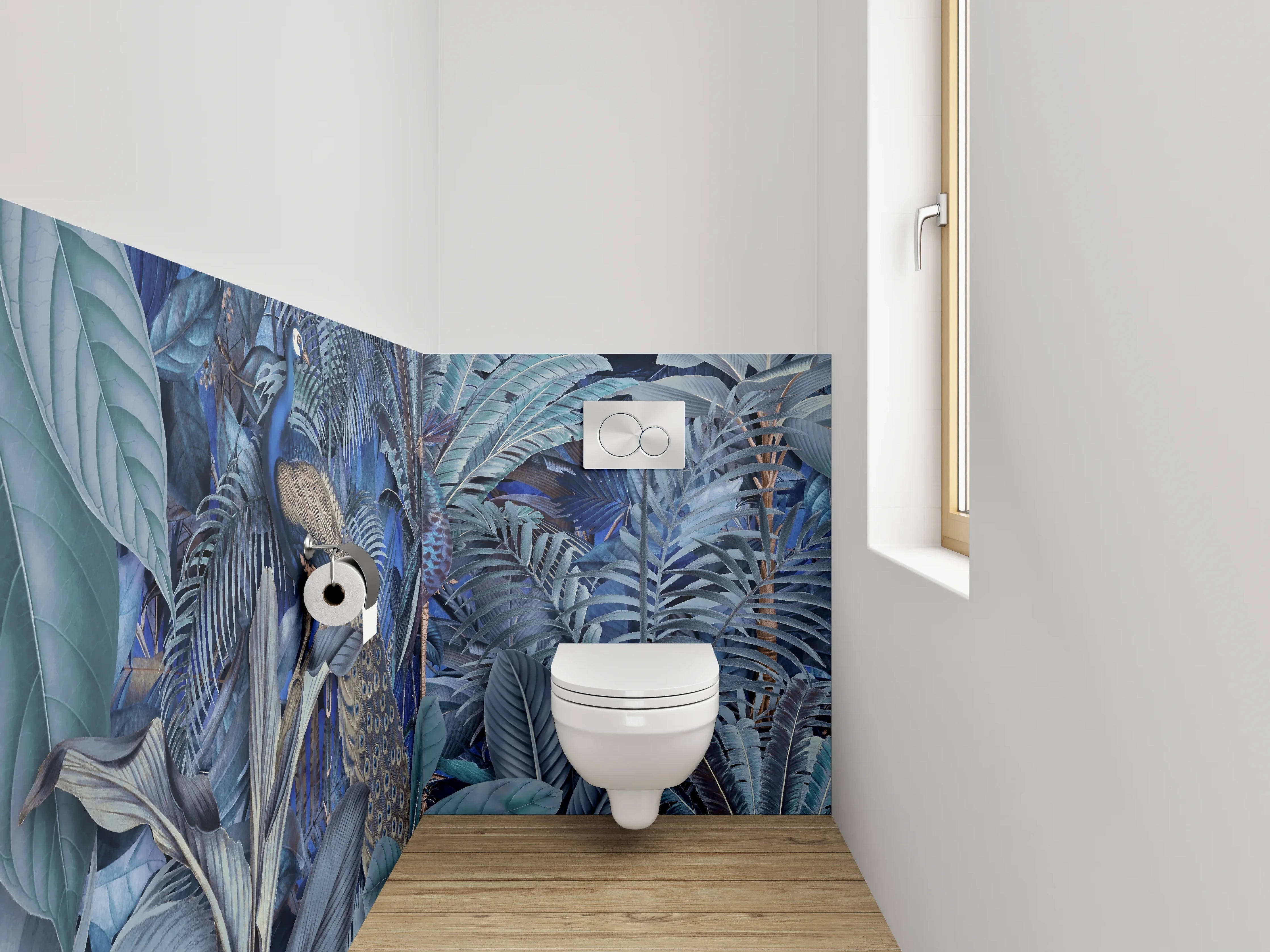 WC-Rückwand - Exotischer Dschungel mit Pfau Blaugrün