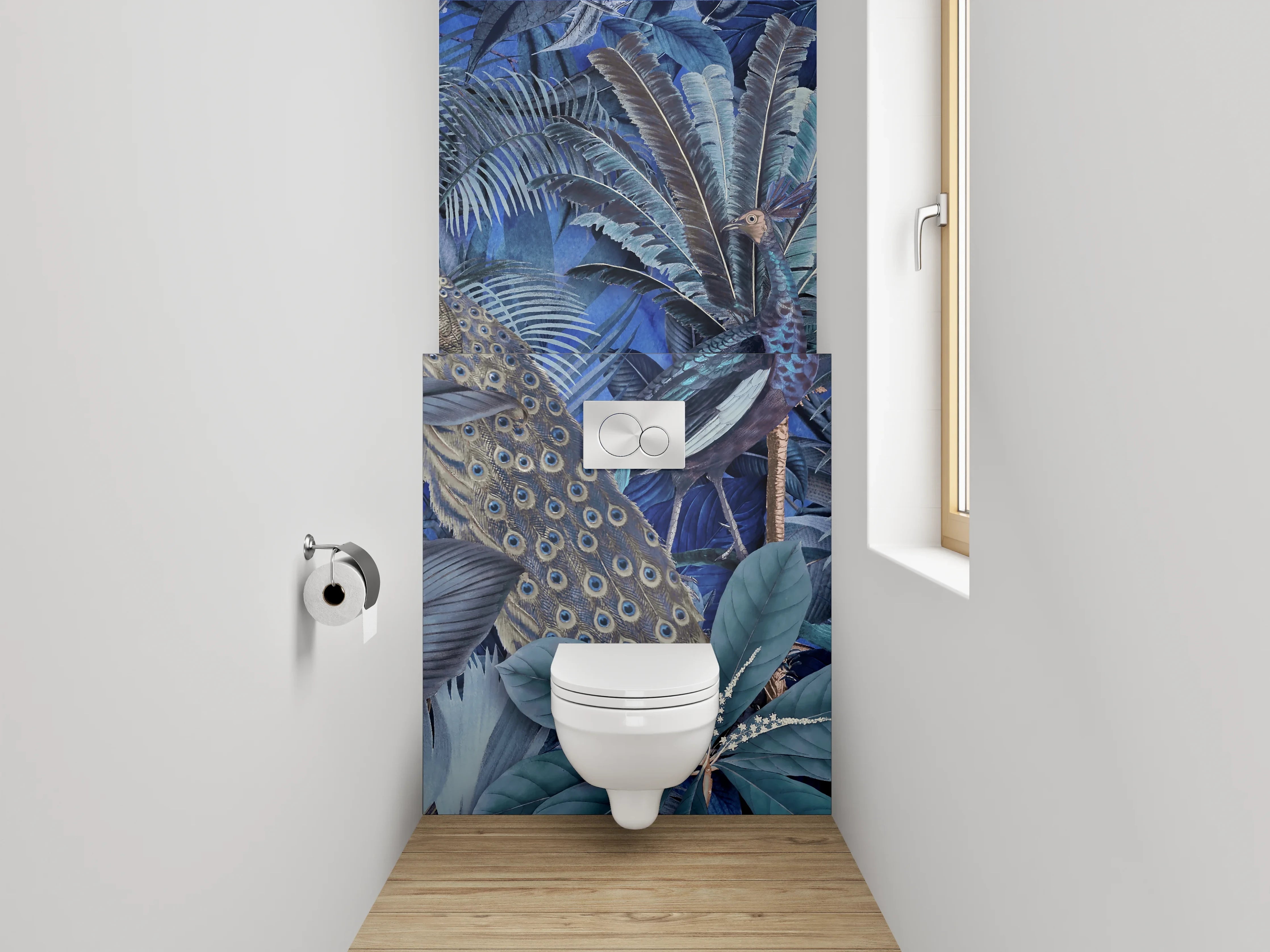 WC-Rückwand - Exotischer Dschungel mit Pfau Blaugrün