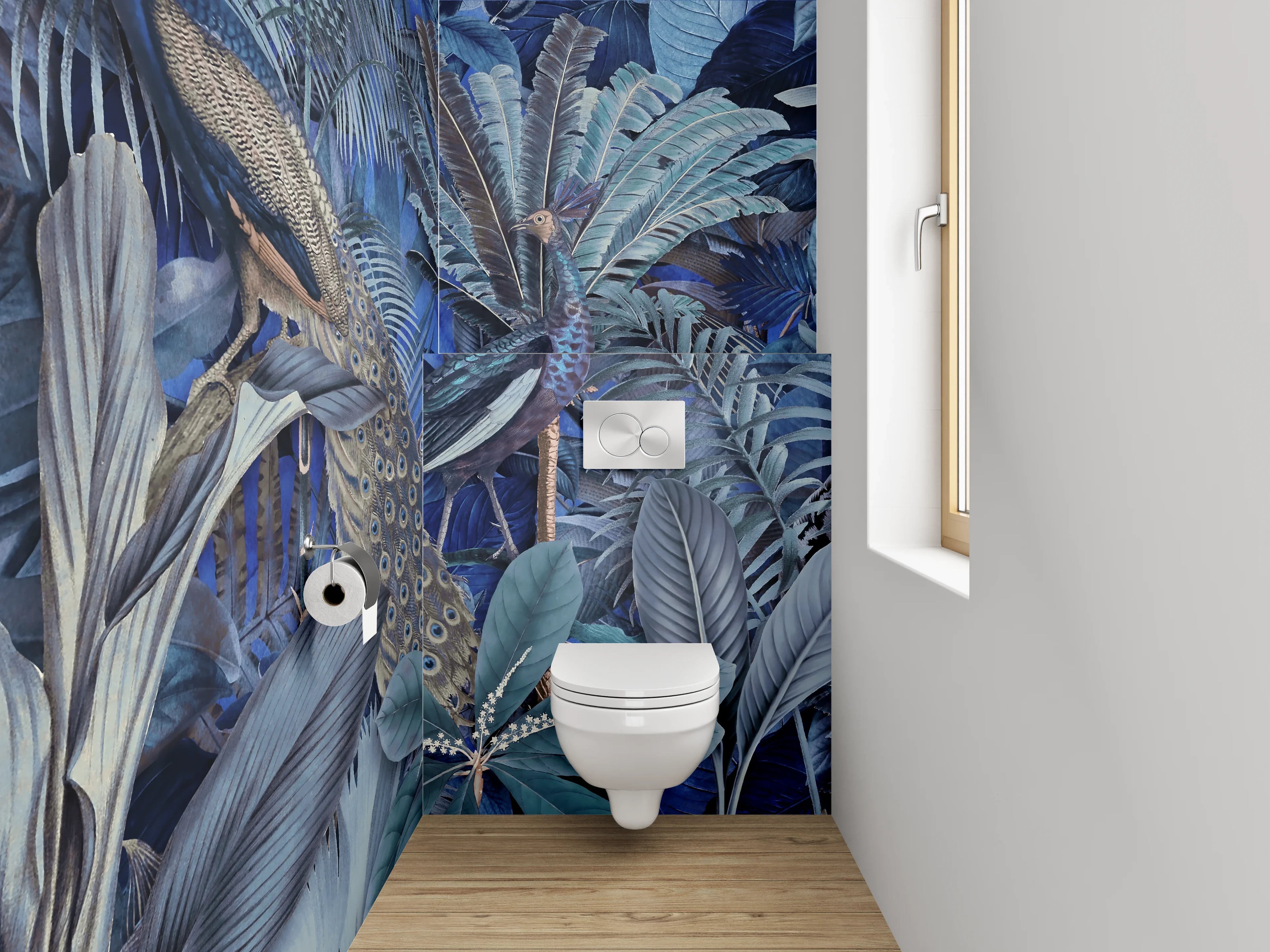 WC-Rückwand - Exotischer Dschungel mit Pfau Blaugrün