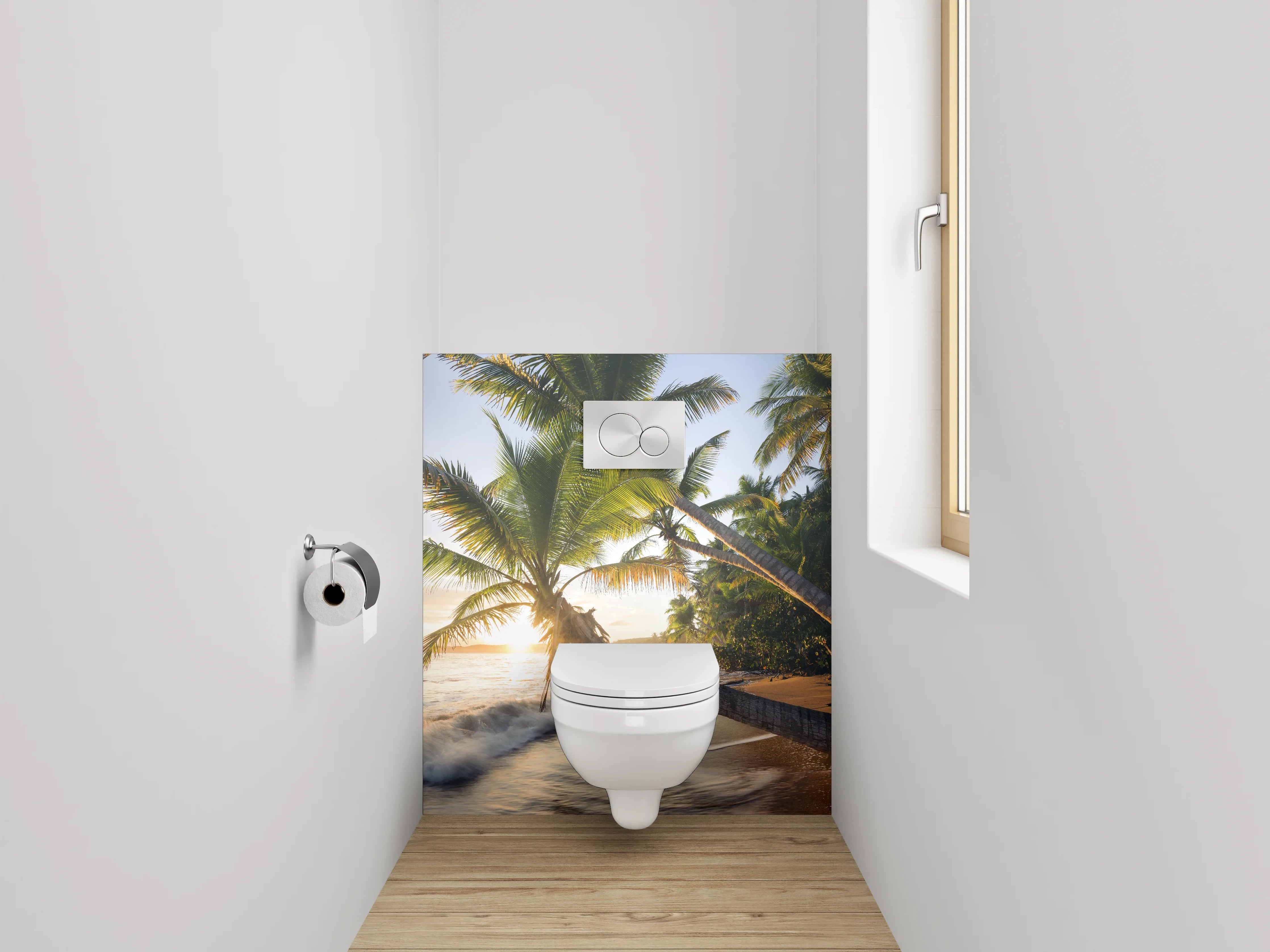 WC-Rückwand - Exotischer Sonnenuntergang am Palmenstrand