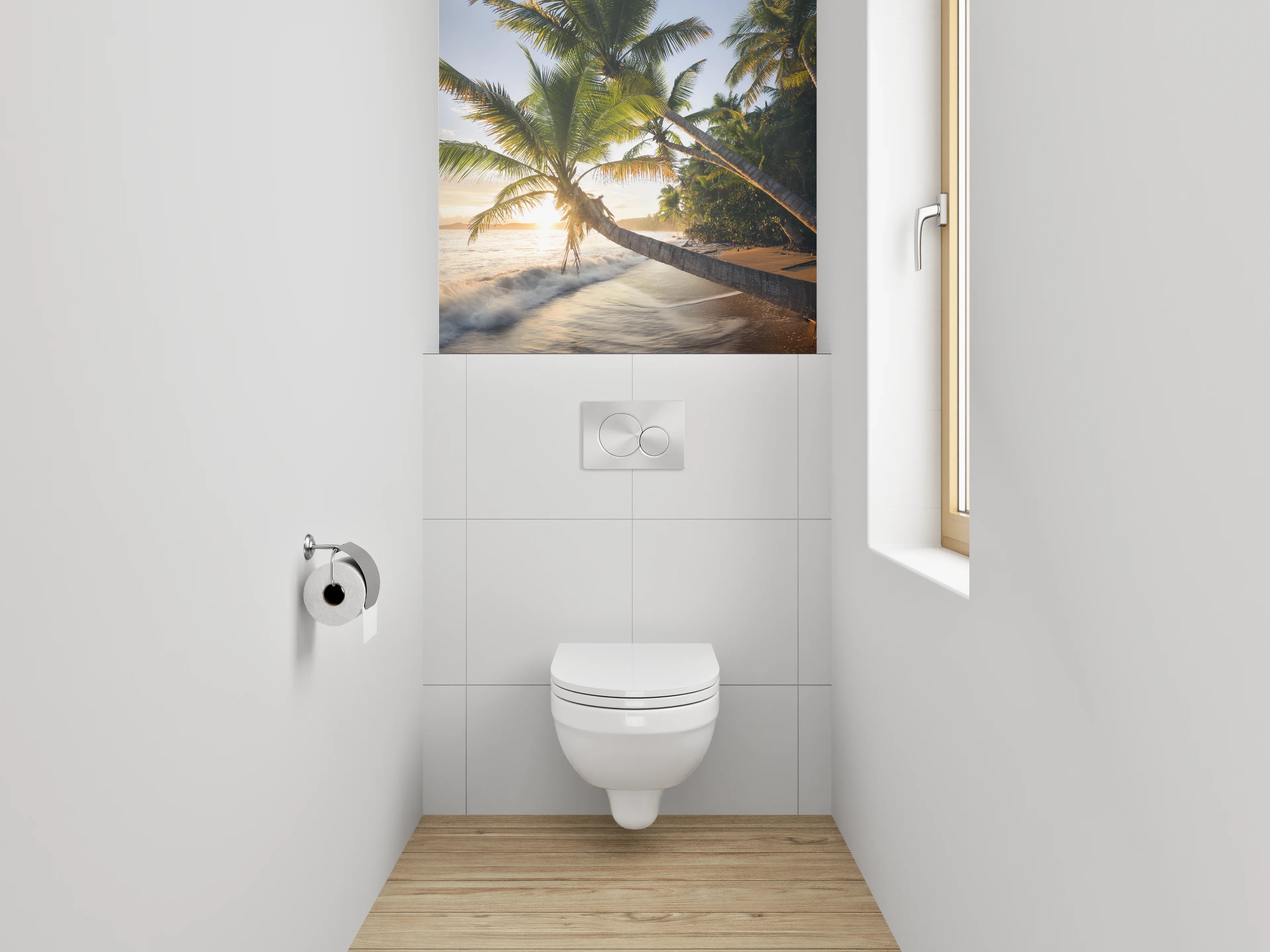 WC-Rückwand - Exotischer Sonnenuntergang am Palmenstrand