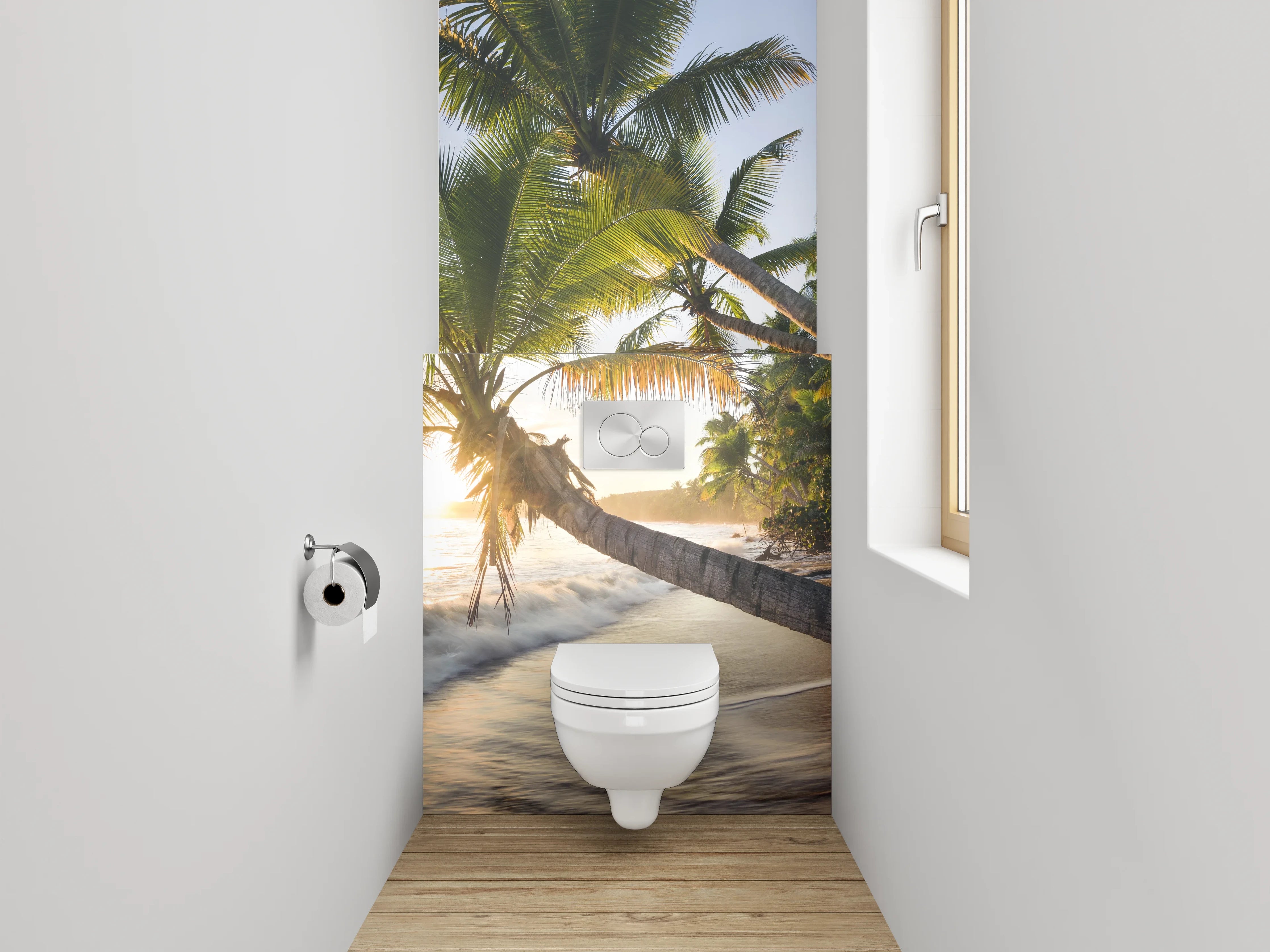 WC-Rückwand - Exotischer Sonnenuntergang am Palmenstrand