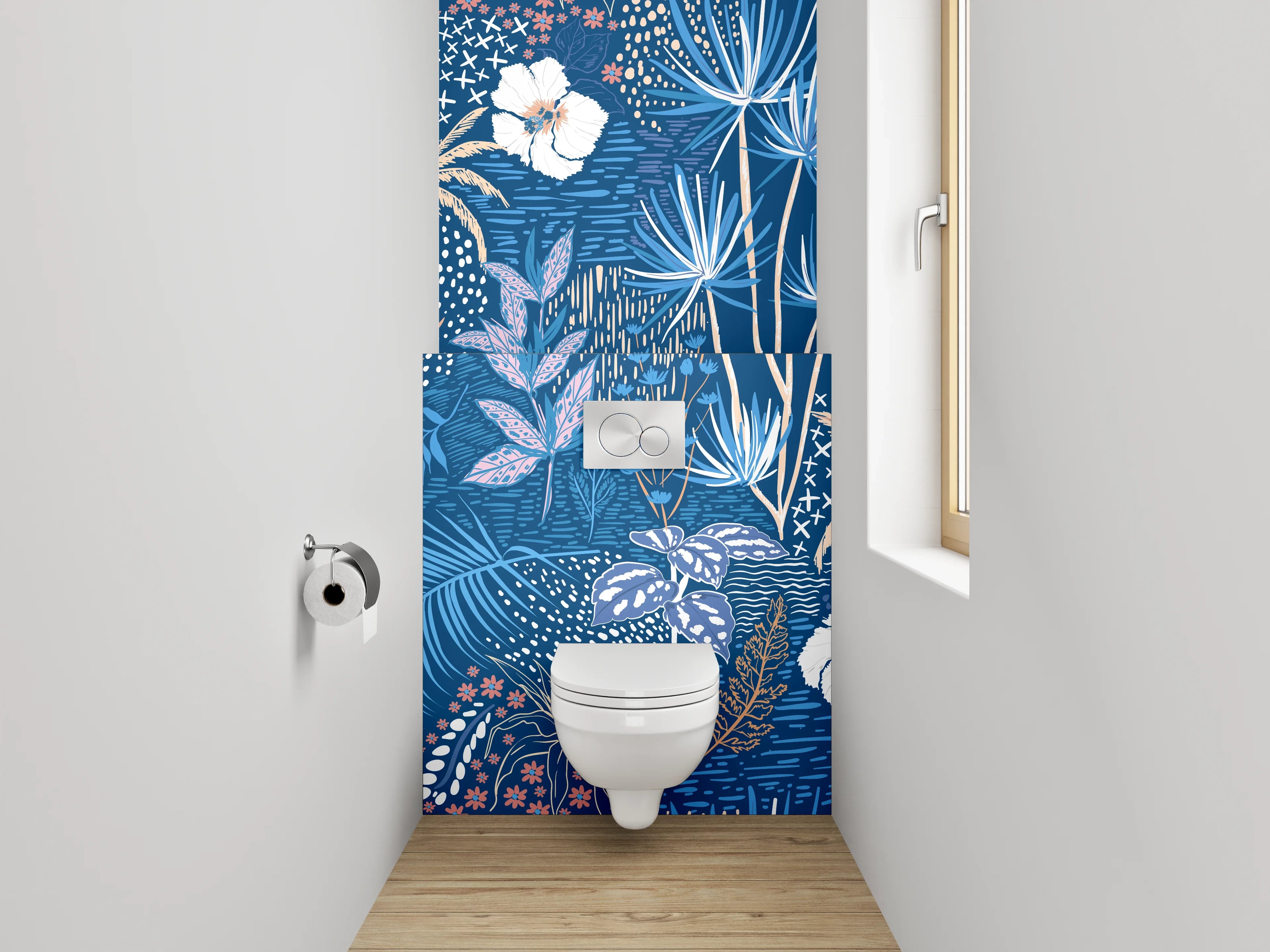 WC-Rückwand - Exotisches Botanical Muster auf Blau