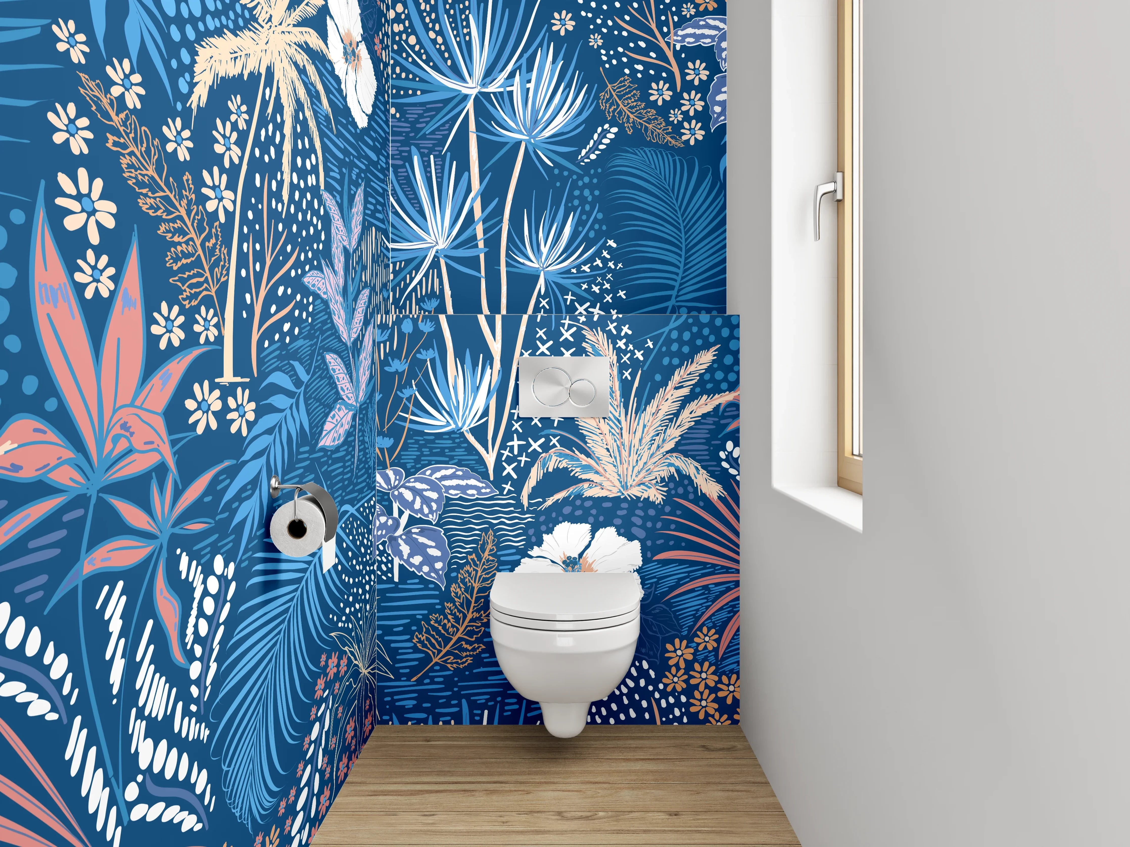 WC-Rückwand - Exotisches Botanical Muster auf Blau