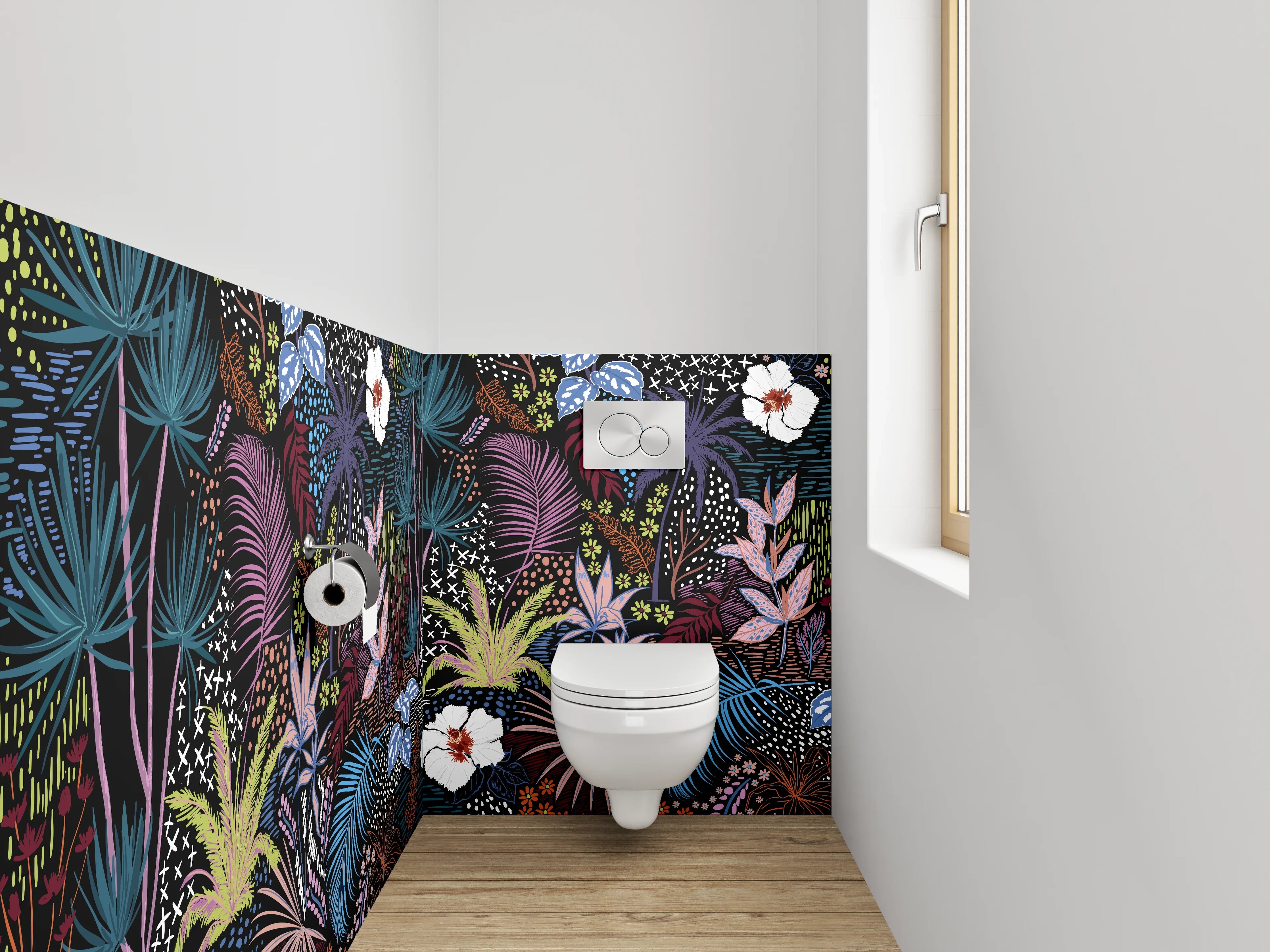 WC-Rückwand - Exotisches Dschungel-Muster mit Hibiskus