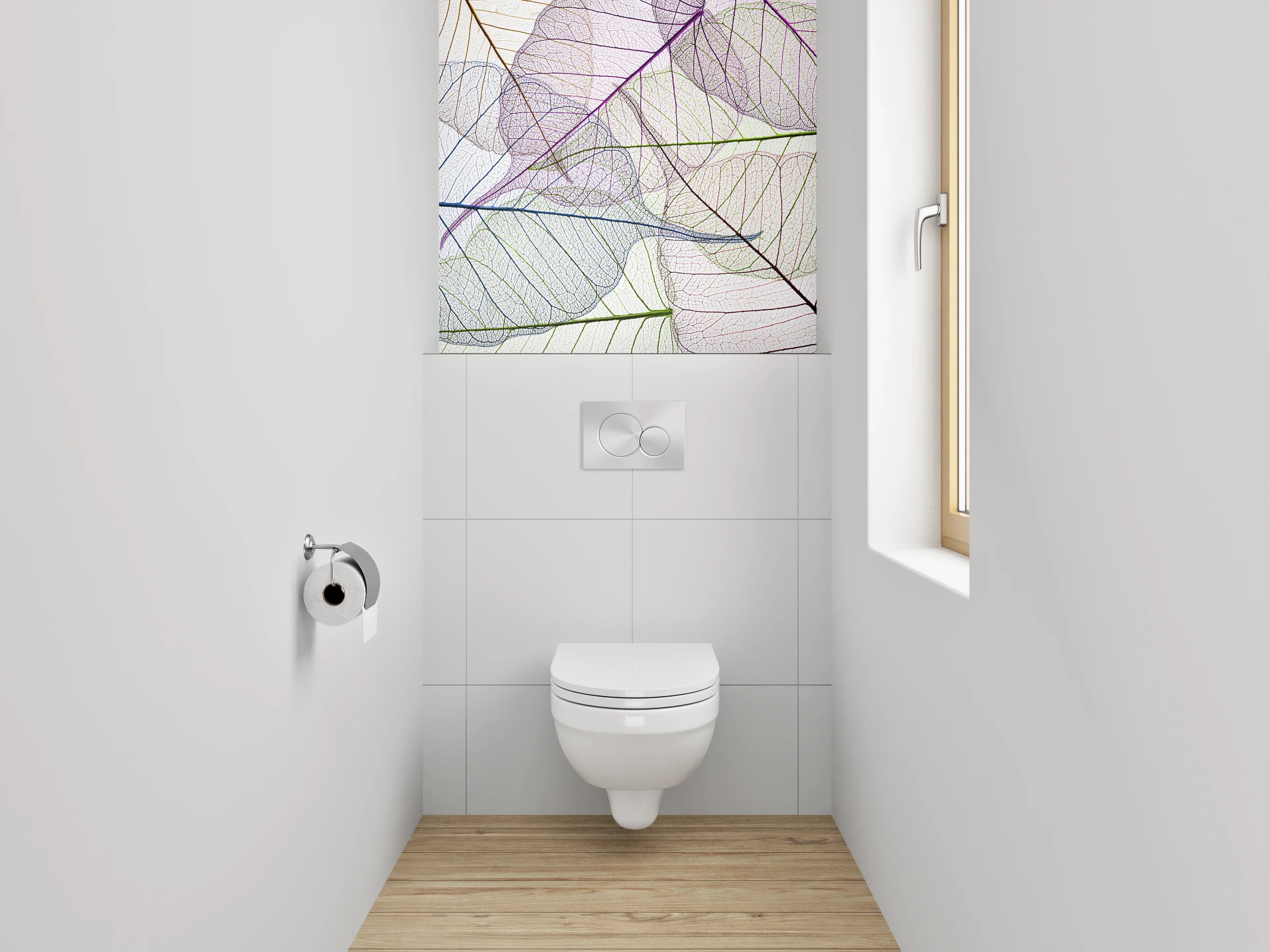 WC-Rückwand - Farbenfrohe Blattskelette auf Weiß