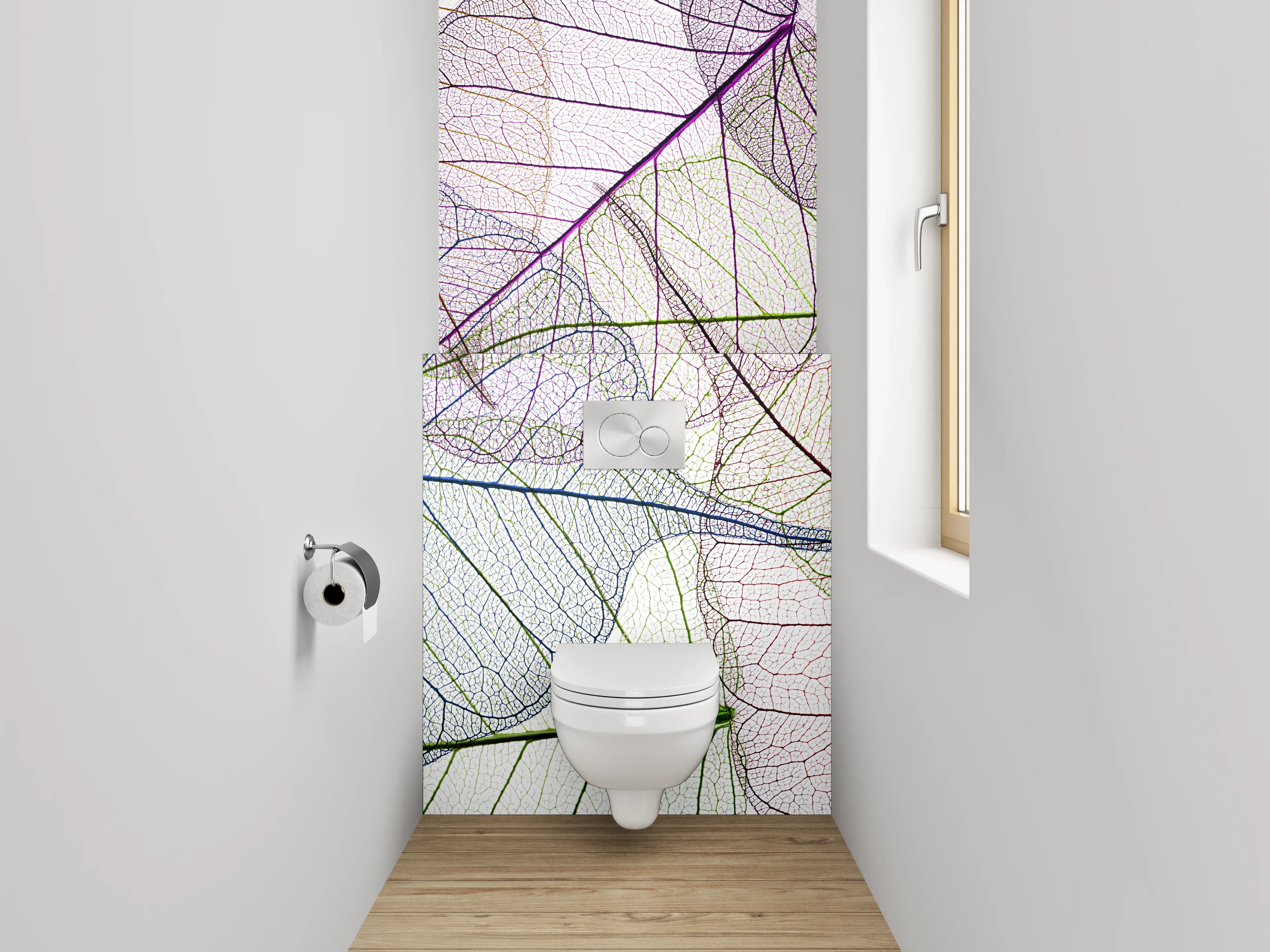 WC-Rückwand - Farbenfrohe Blattskelette auf Weiß