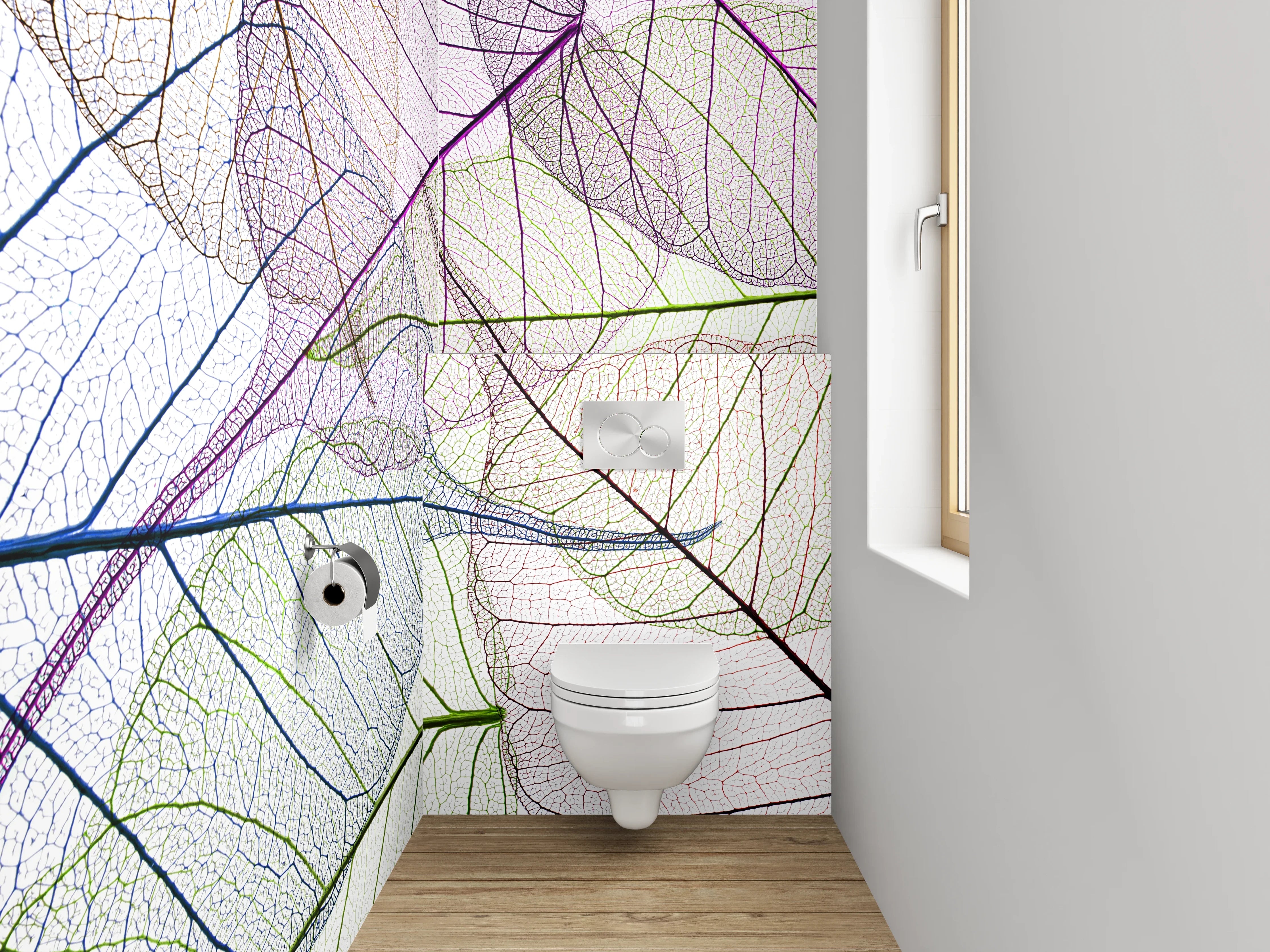 WC-Rückwand - Farbenfrohe Blattskelette auf Weiß