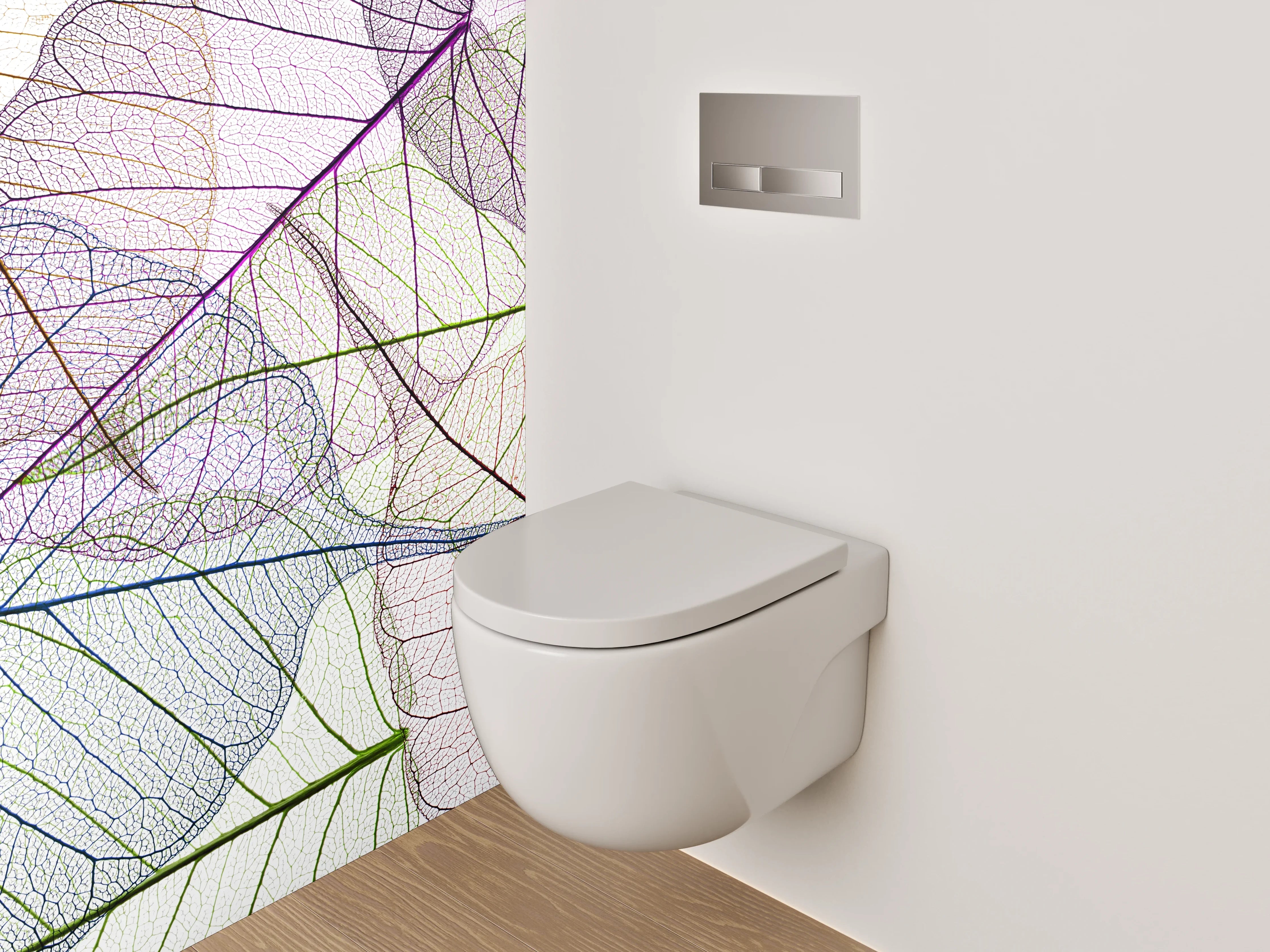 WC-Rückwand - Farbenfrohe Blattskelette auf Weiß
