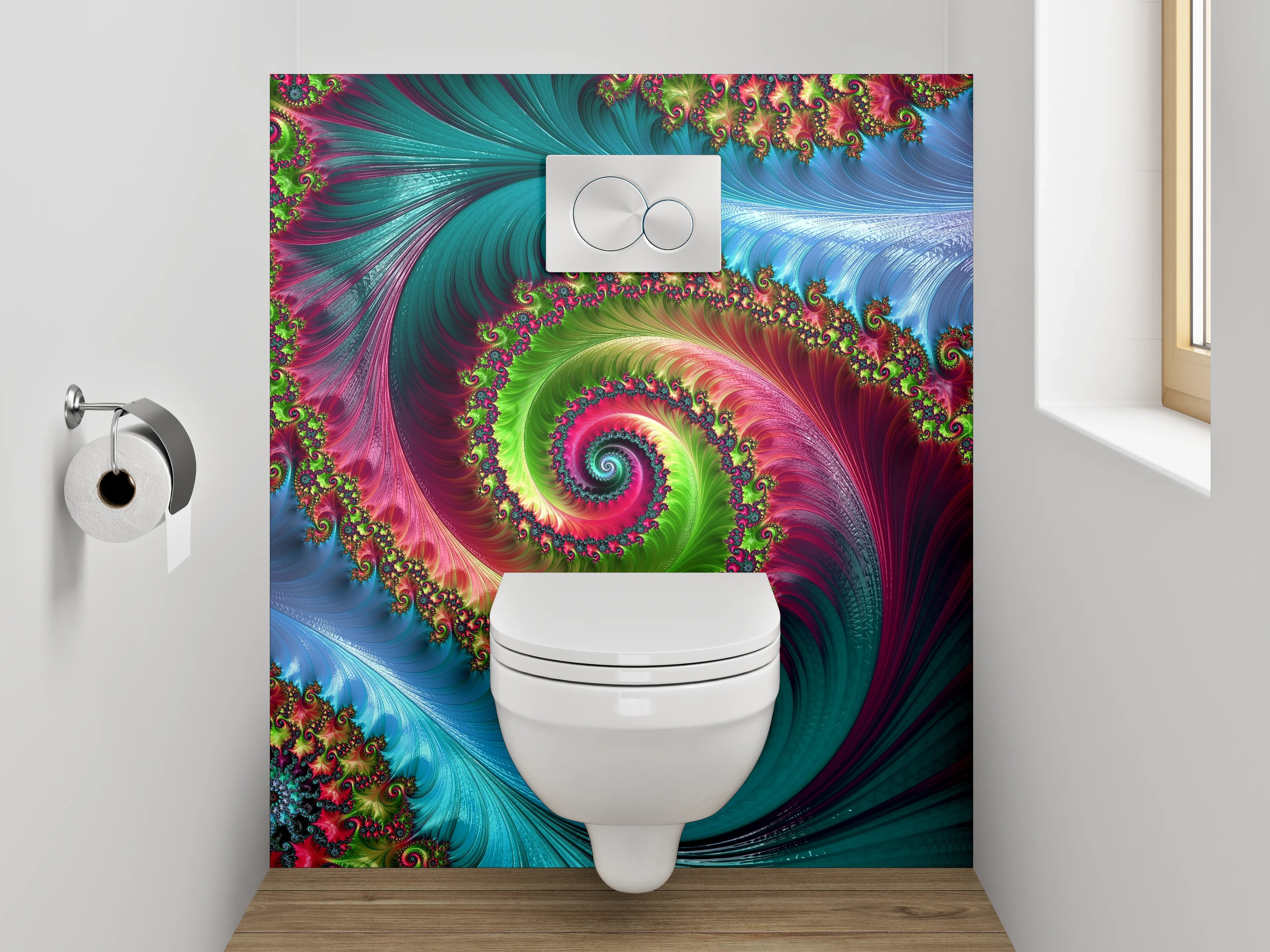 WC-Rückwand - Faszinierende Fraktal-Spiralen in kräftigen Farben