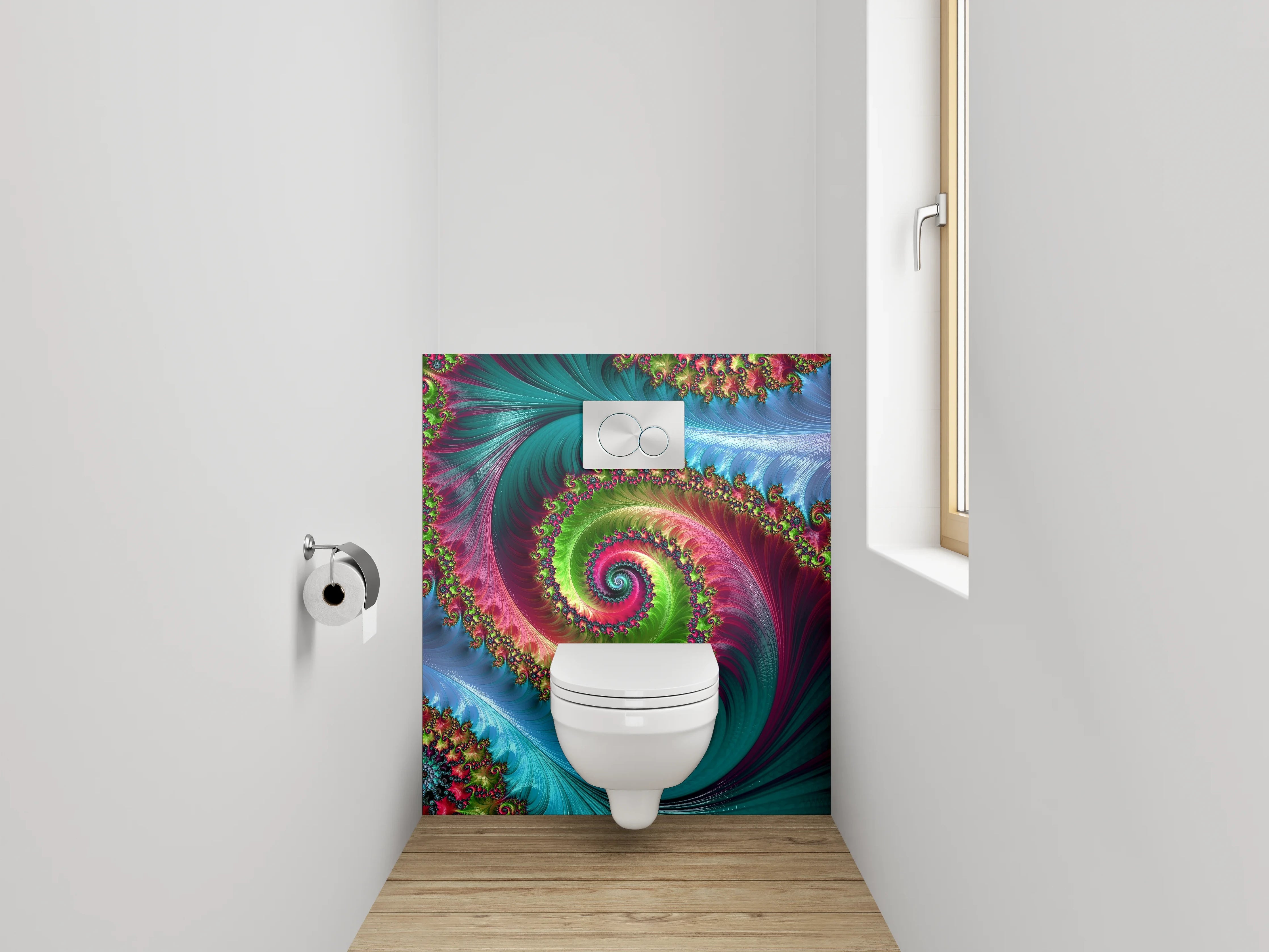WC-Rückwand - Faszinierende Fraktal-Spiralen in kräftigen Farben