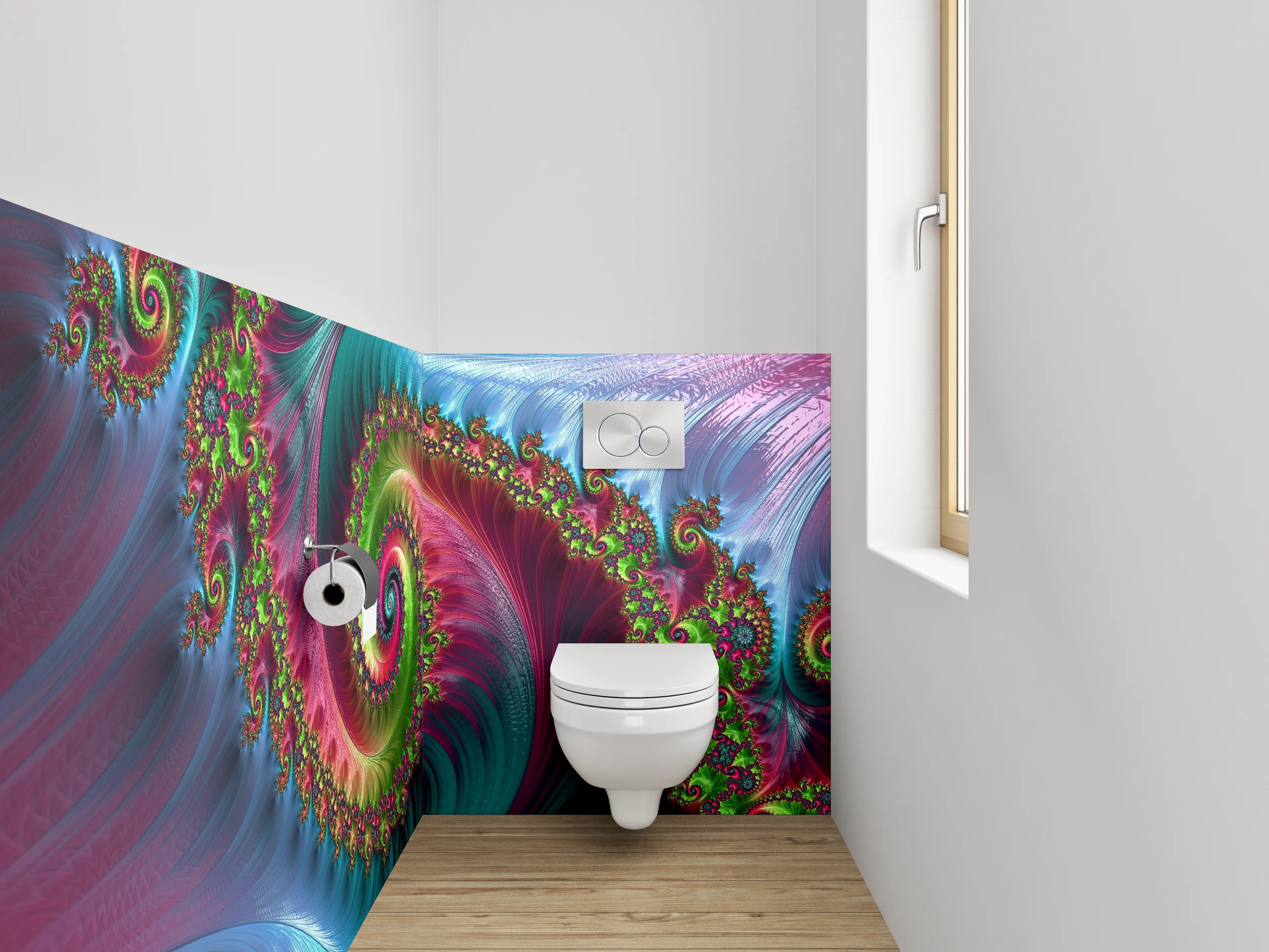 WC-Rückwand - Faszinierende Fraktal-Spiralen in kräftigen Farben