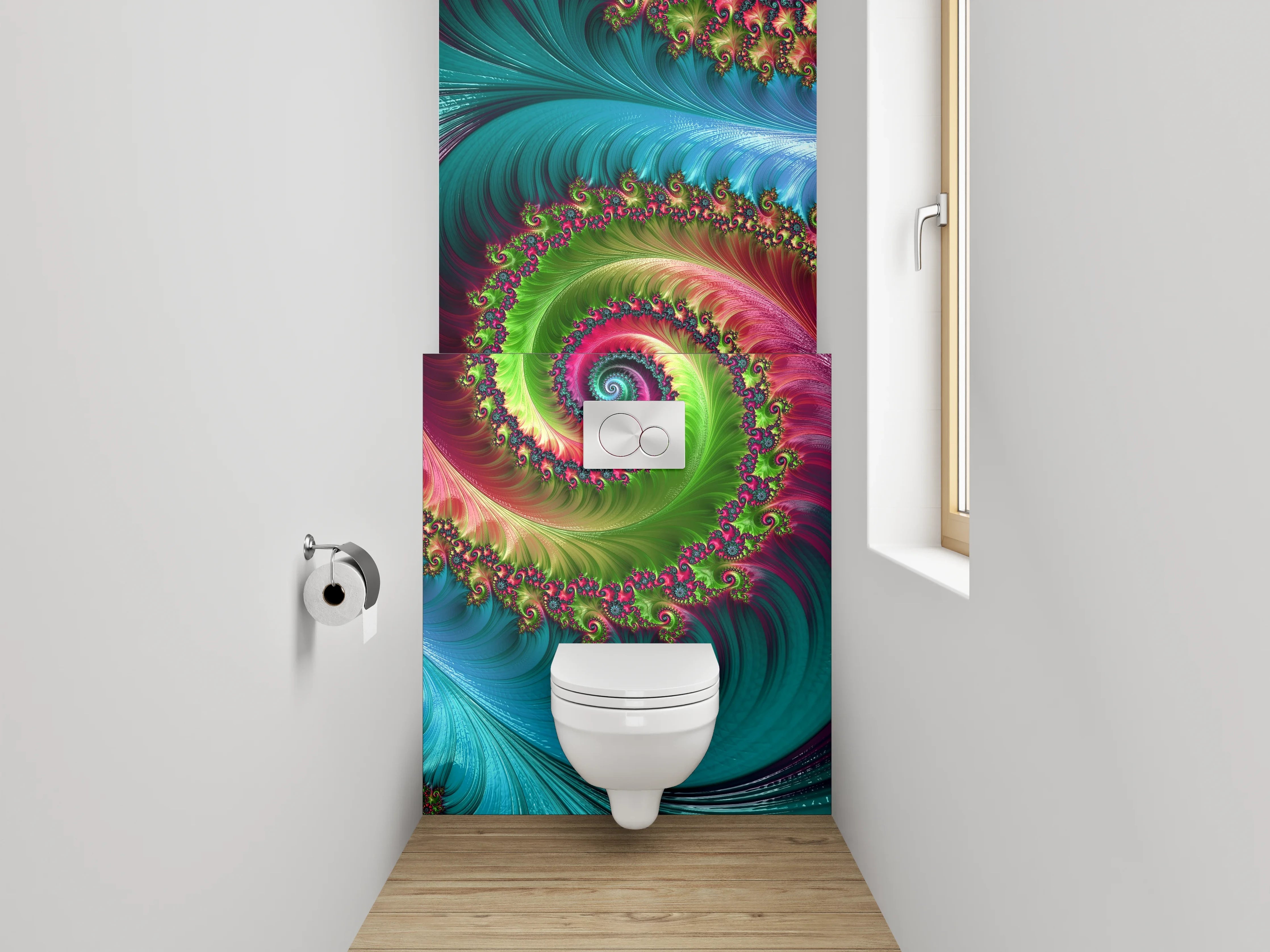 WC-Rückwand - Faszinierende Fraktal-Spiralen in kräftigen Farben