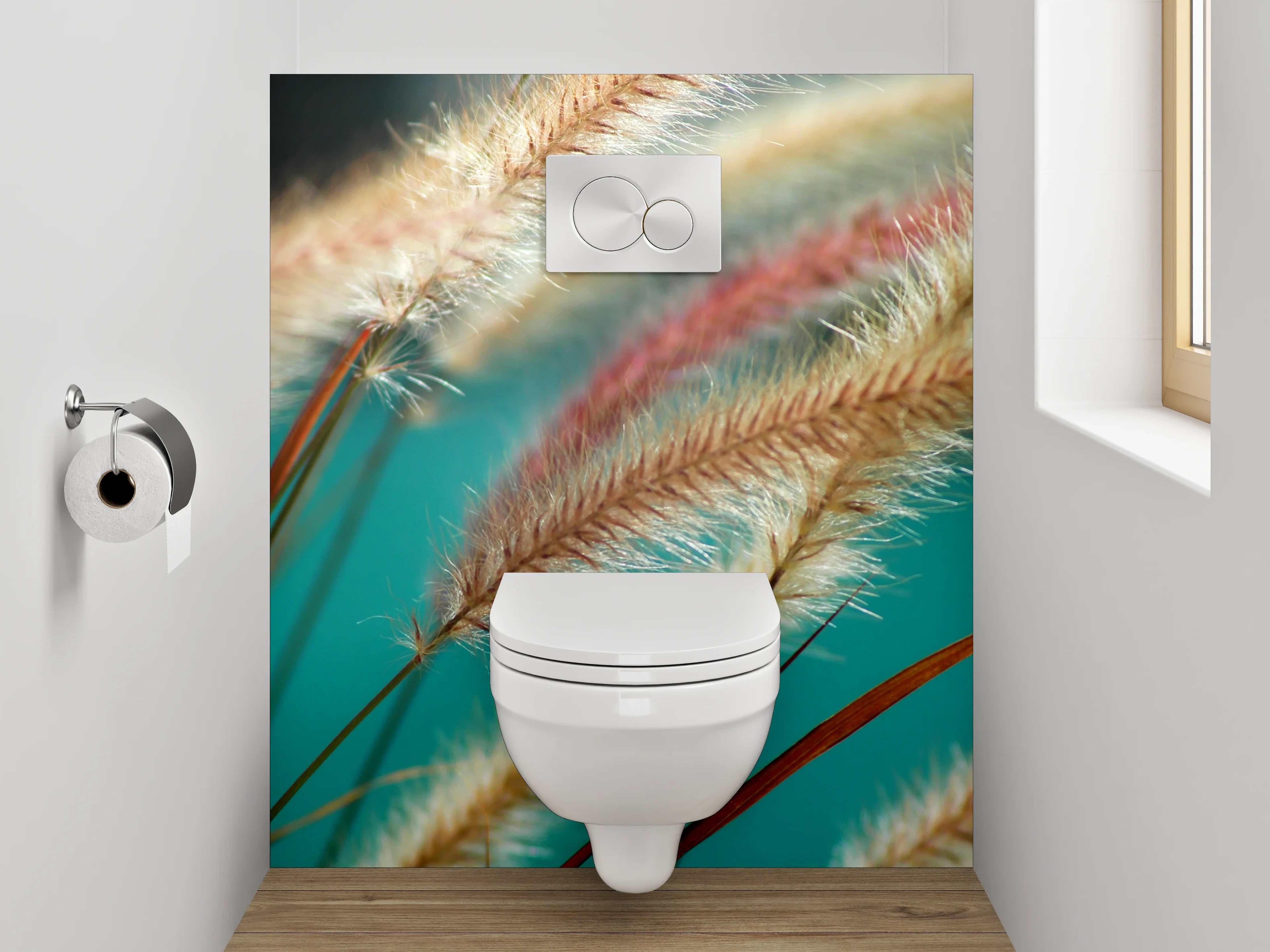 WC-Rückwand - Federgräser am türkisfarbenen Hintergrund