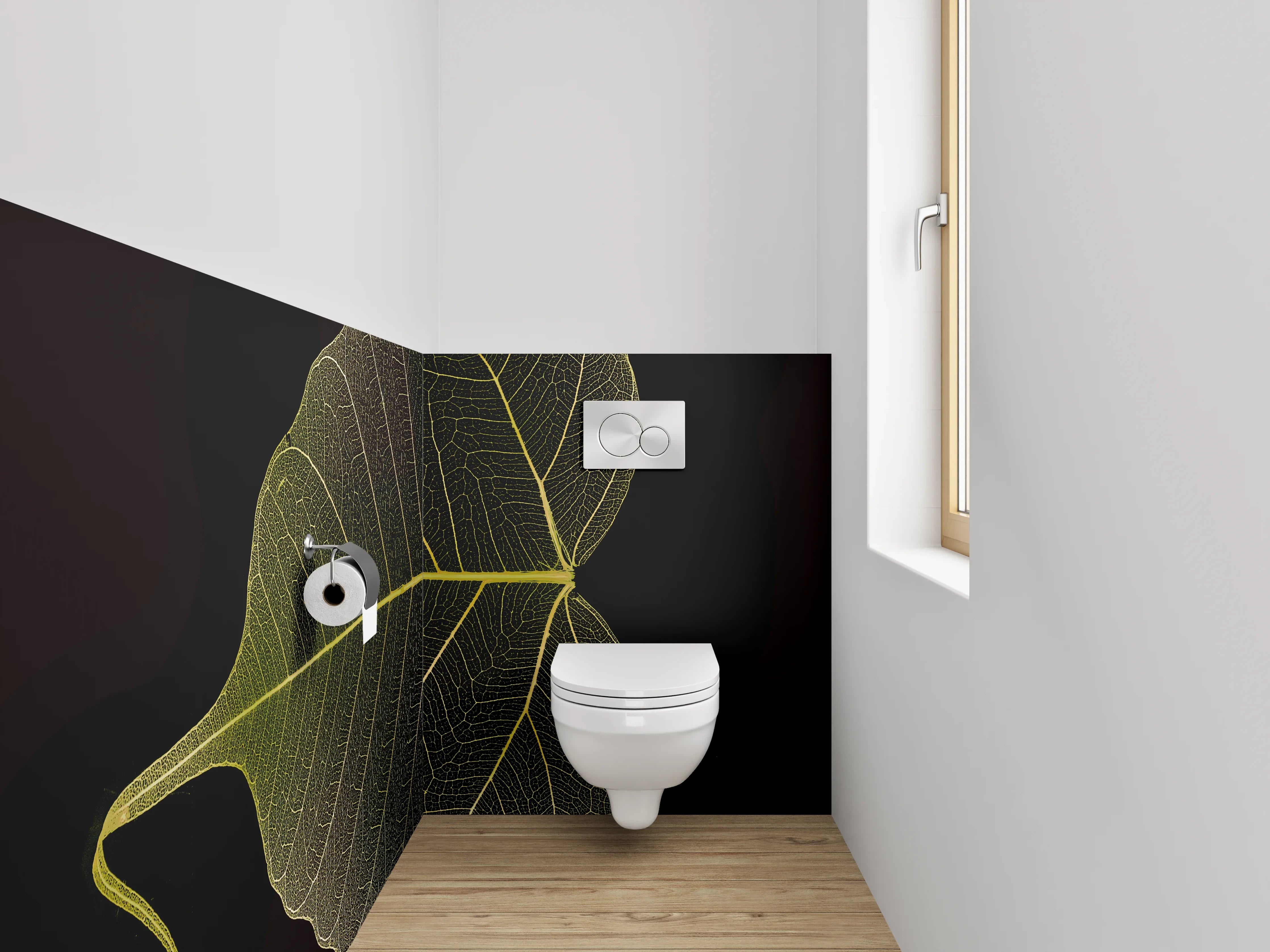 WC-Rückwand - Fein gezeichnetes Blattskelett auf Schwarz