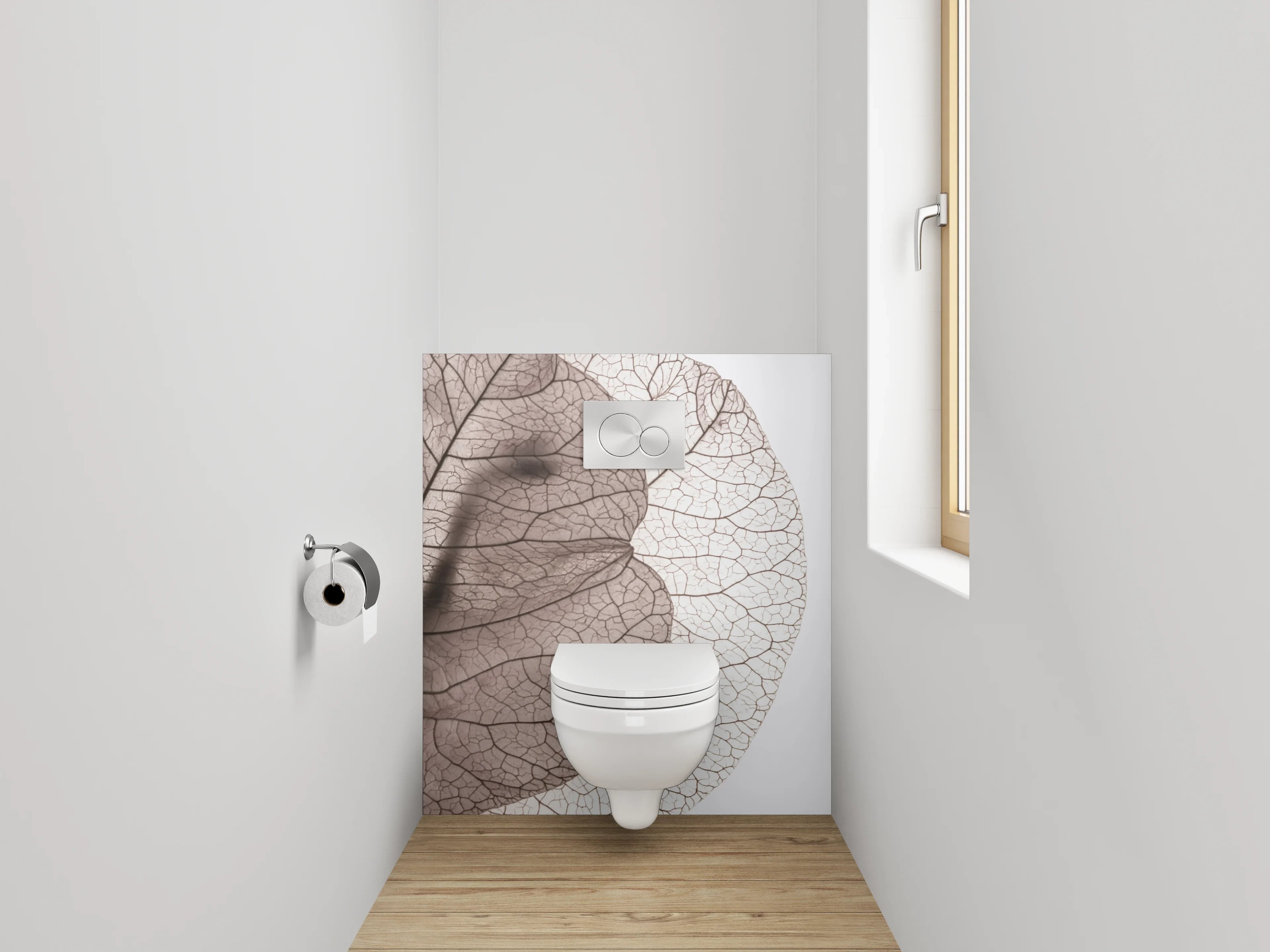 WC-Rückwand - Feine Blätterstruktur in Weiß und Grau