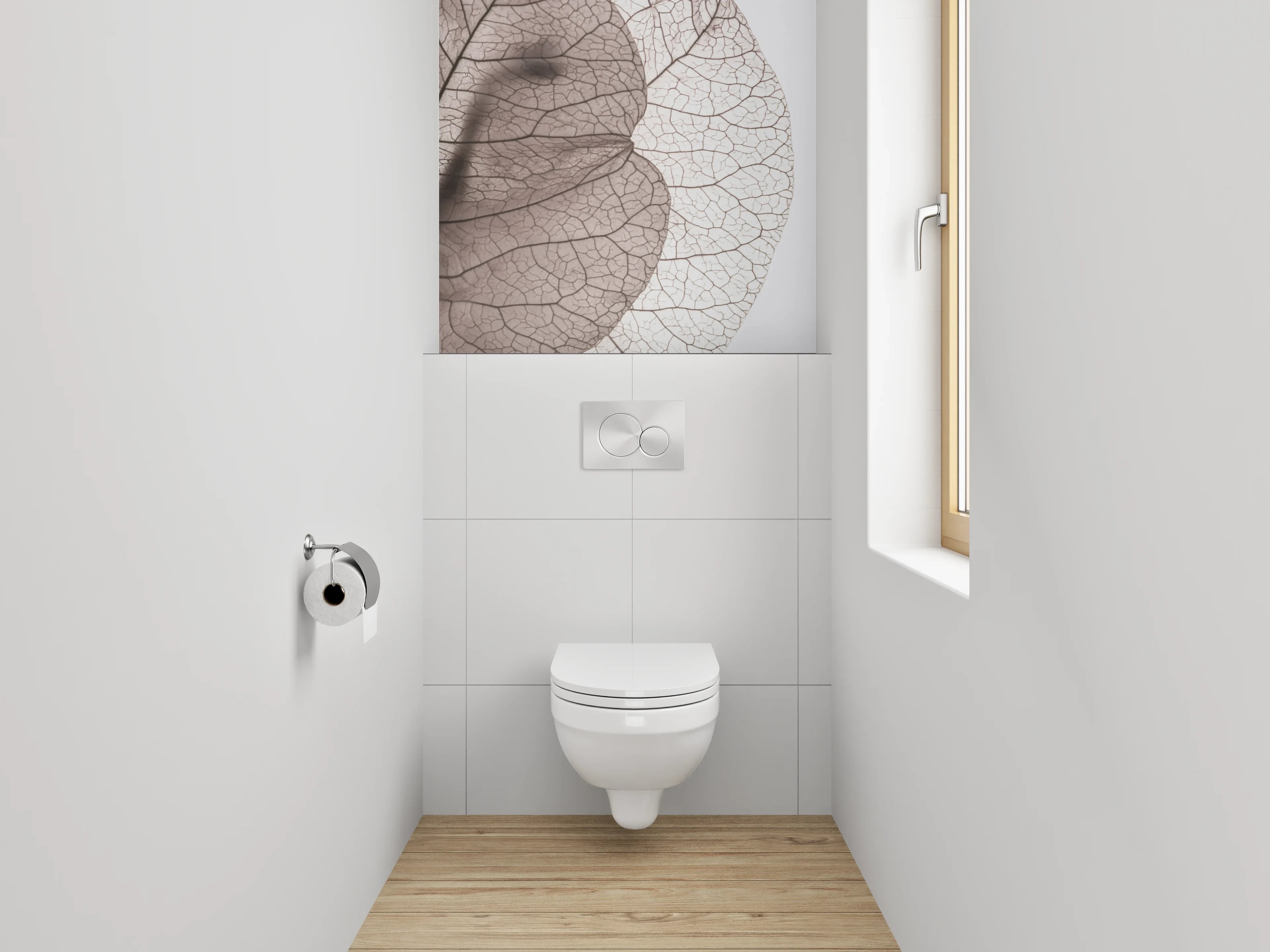 WC-Rückwand - Feine Blätterstruktur in Weiß und Grau