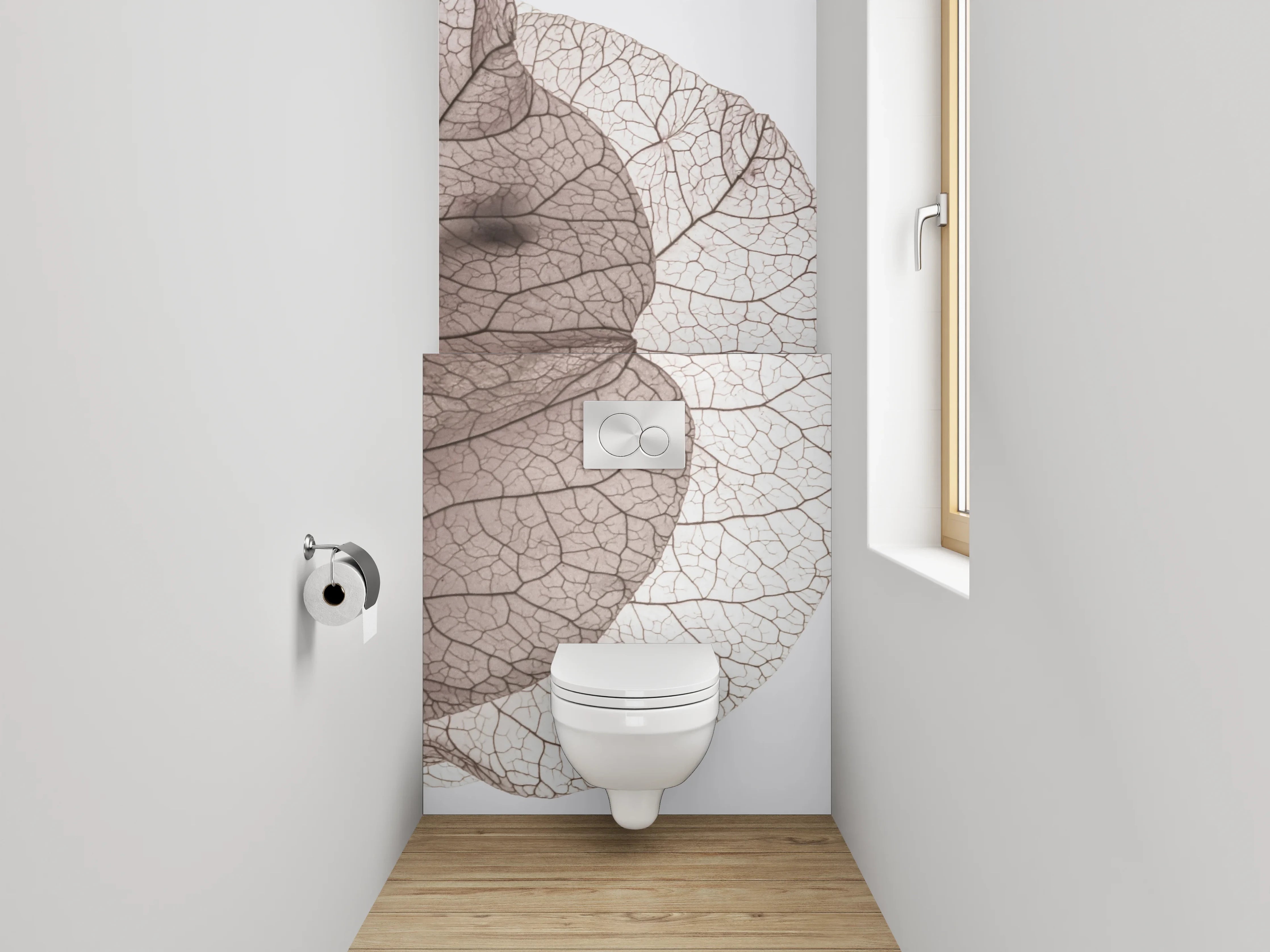 WC-Rückwand - Feine Blätterstruktur in Weiß und Grau