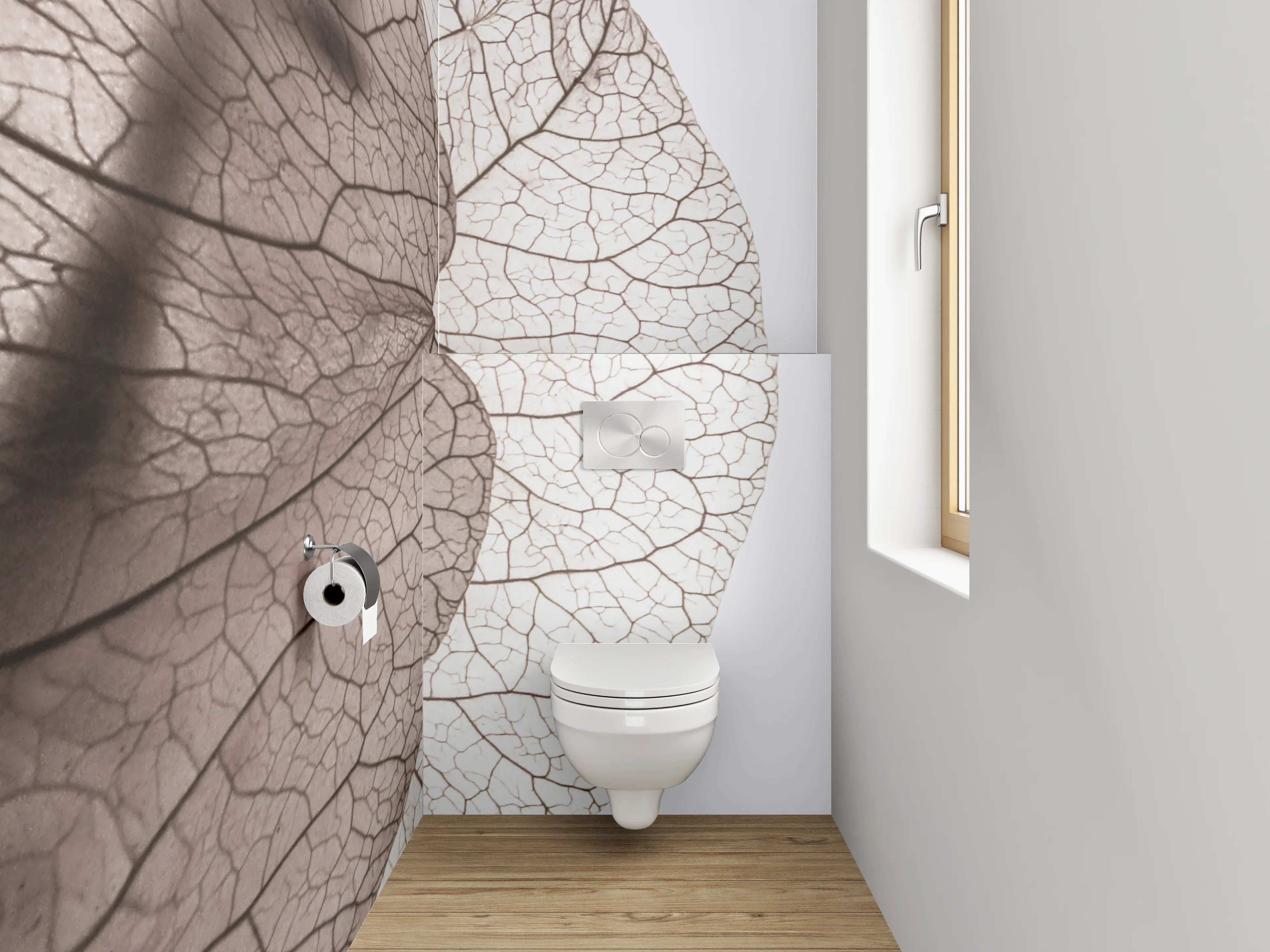 WC-Rückwand - Feine Blätterstruktur in Weiß und Grau