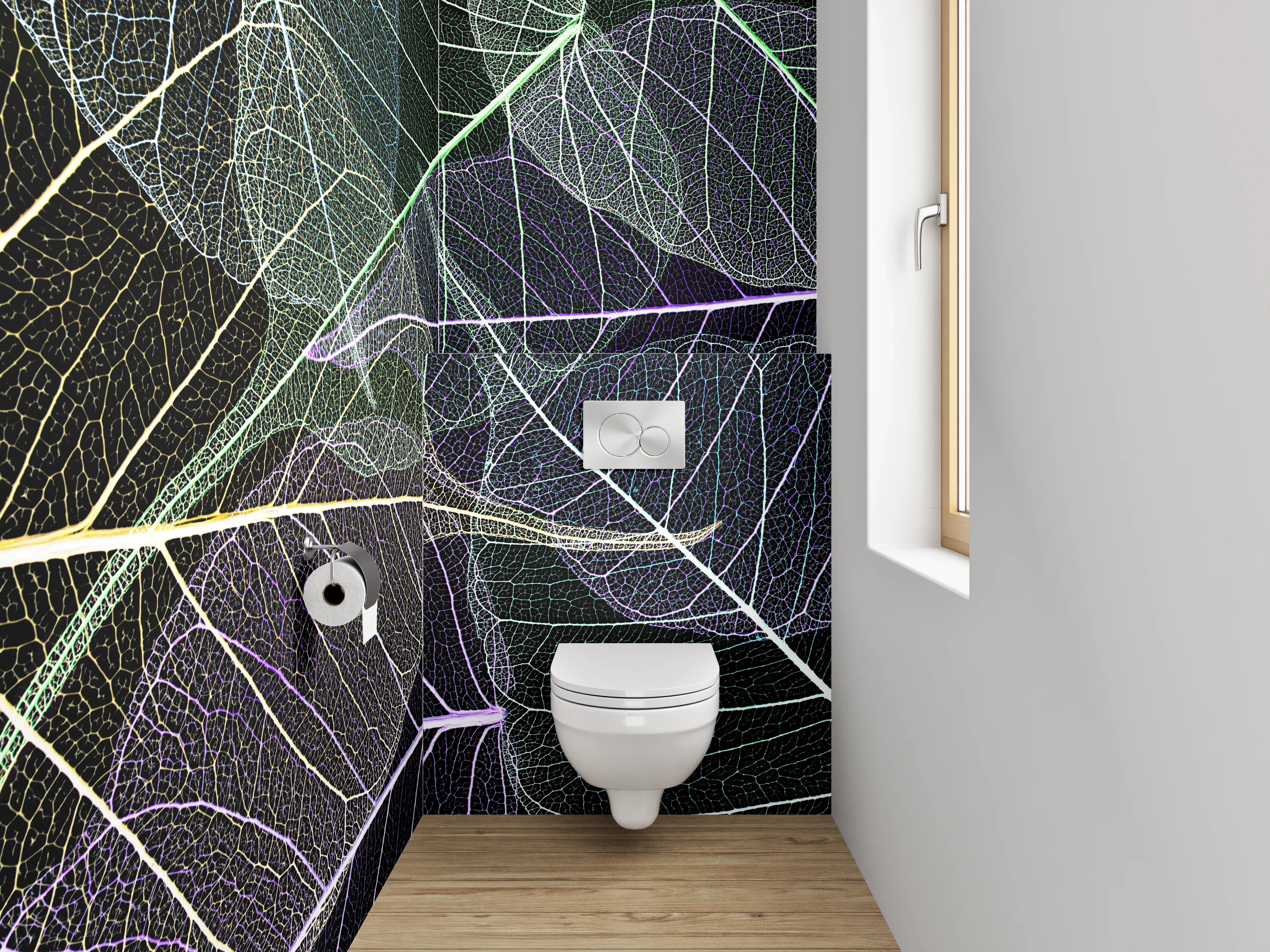 WC-Rückwand - Feine Blätterstrukturen in Weiß und Pastell