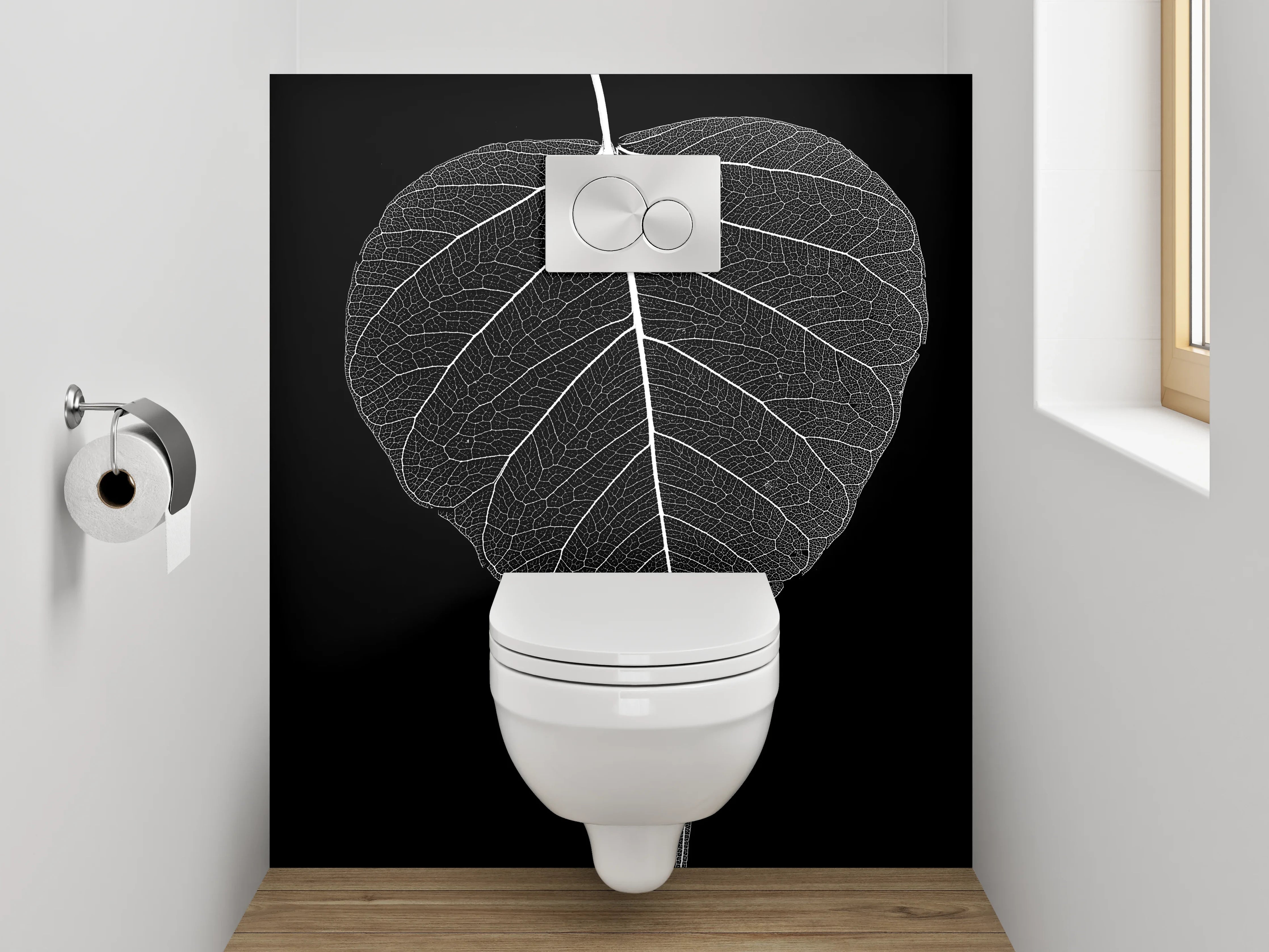 WC-Rückwand - Feine Blattstruktur Schwarz-Weiß Kunst