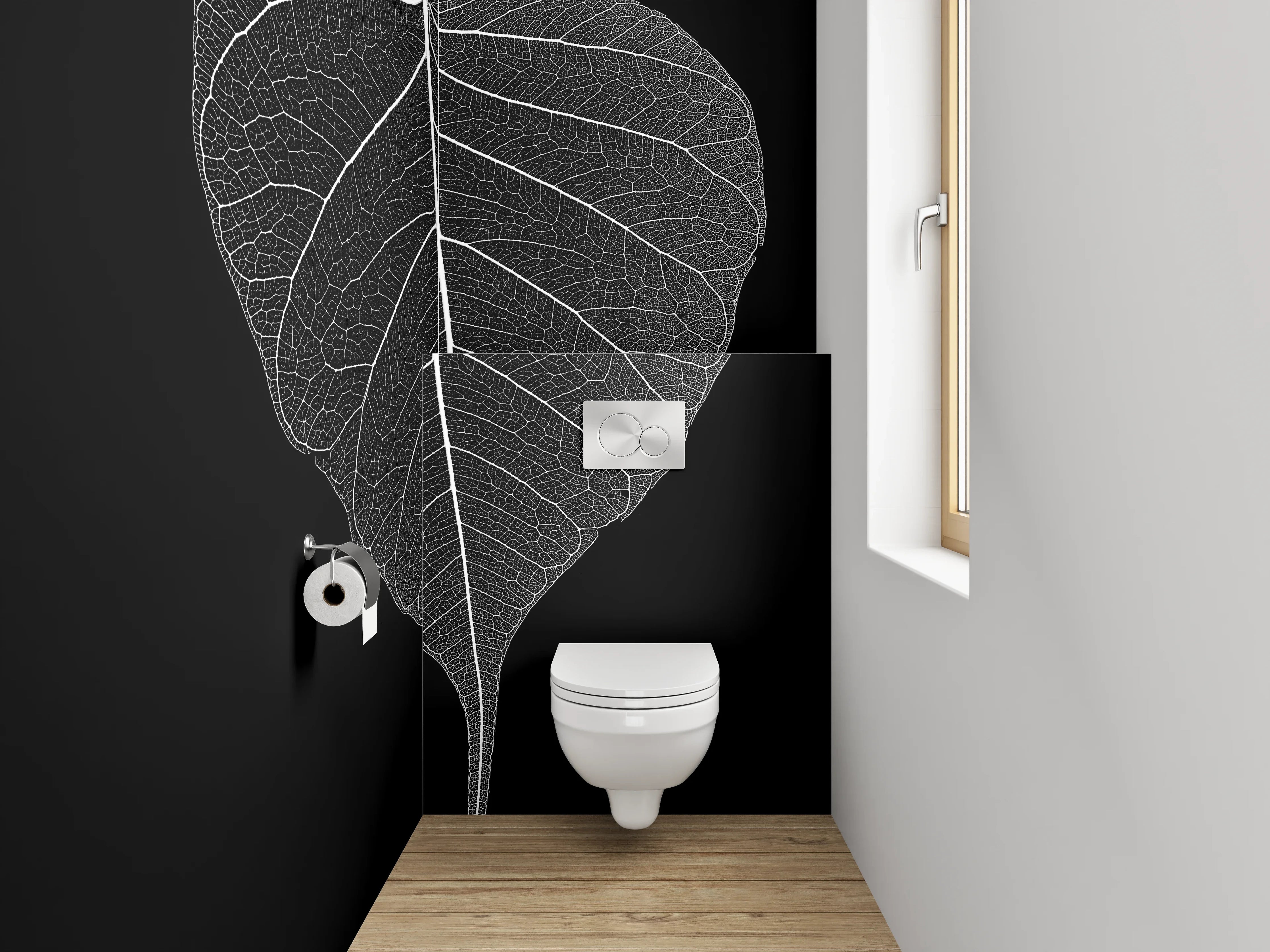 WC-Rückwand - Feine Blattstruktur Schwarz-Weiß Kunst