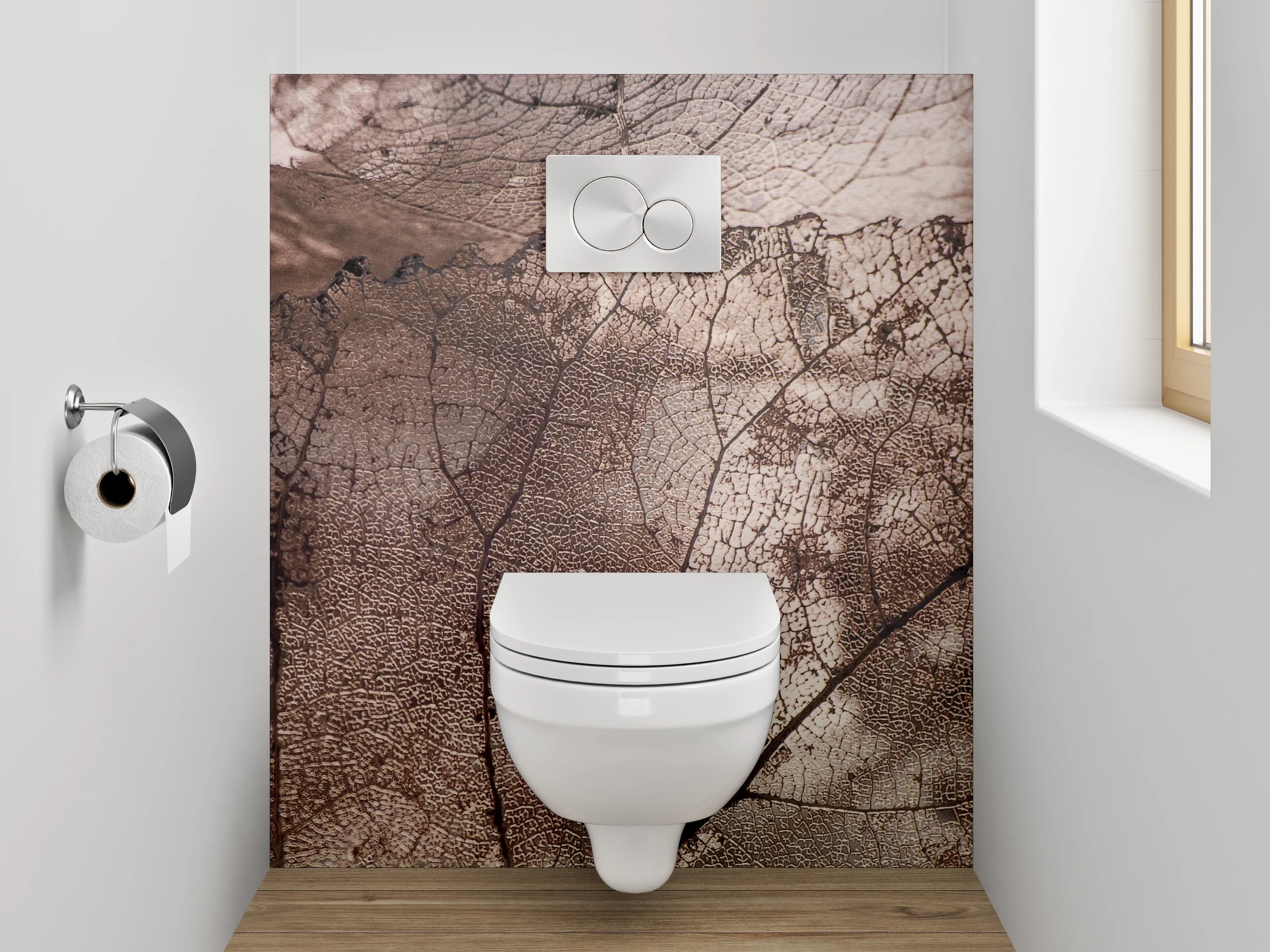 WC-Rückwand - Feine Skelettblätter in sanften Erdtönen