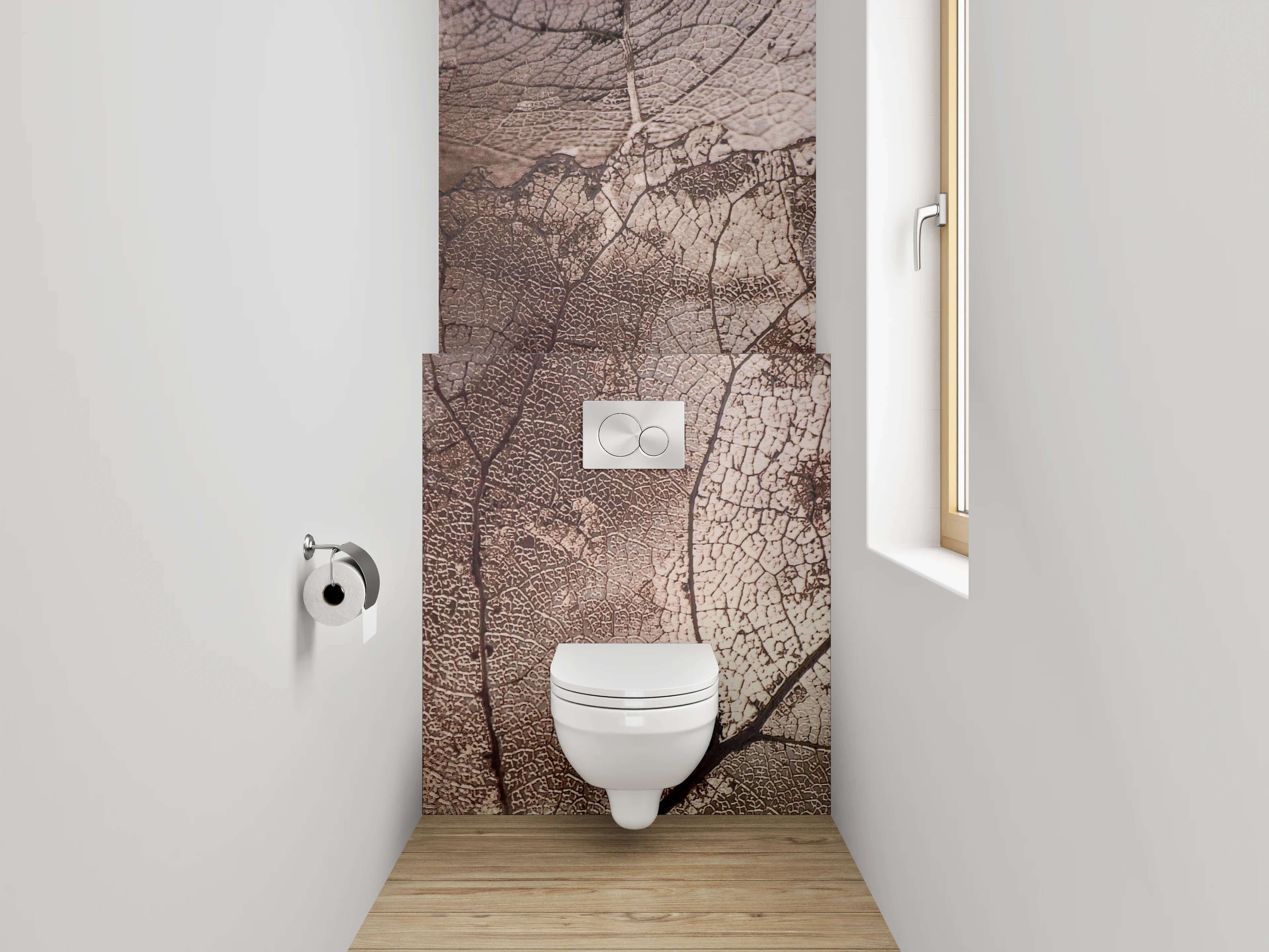 WC-Rückwand - Feine Skelettblätter in sanften Erdtönen