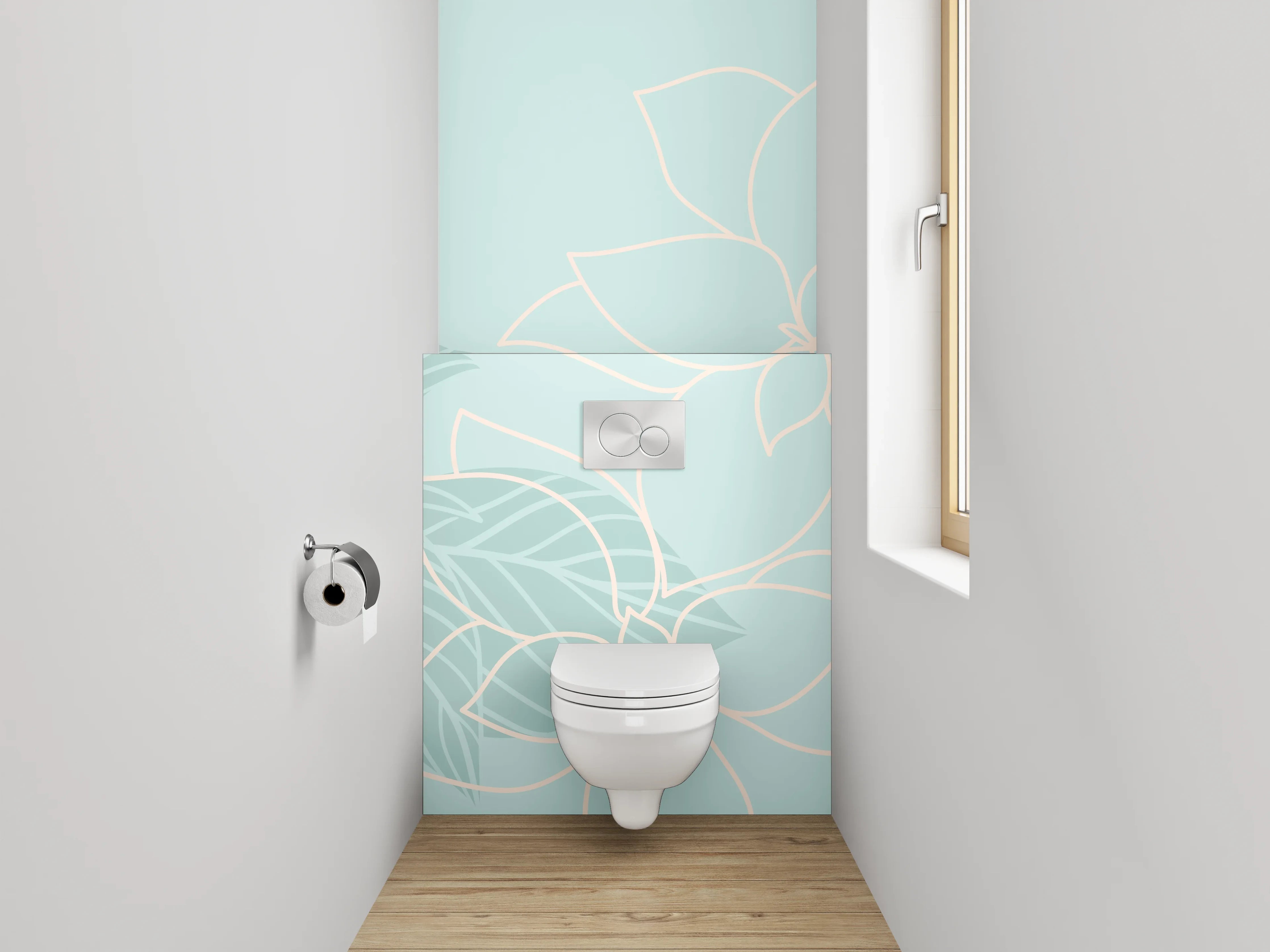 WC-Rückwand - Feines florales Lineart auf Pastellblau