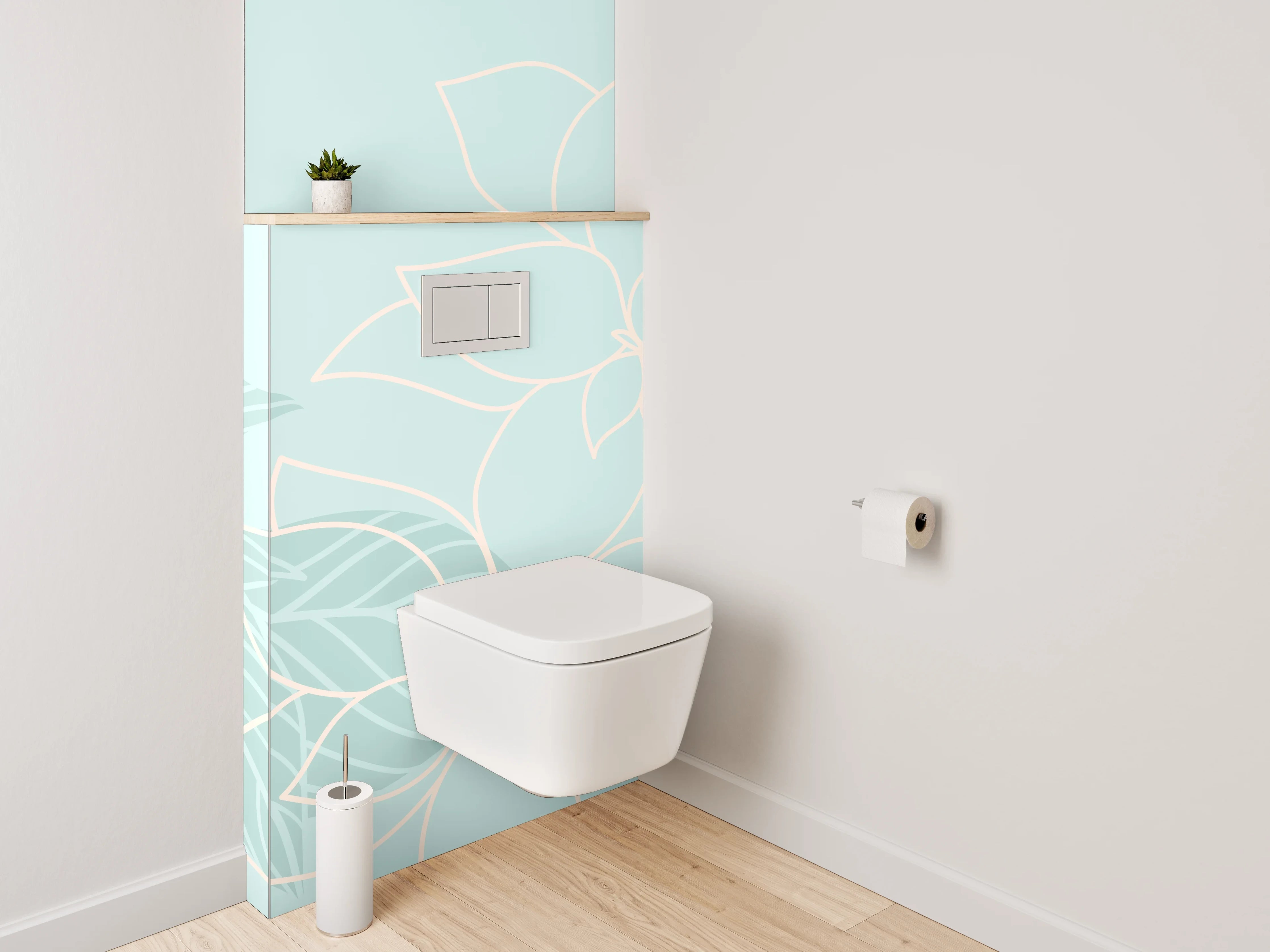WC-Rückwand - Feines florales Lineart auf Pastellblau